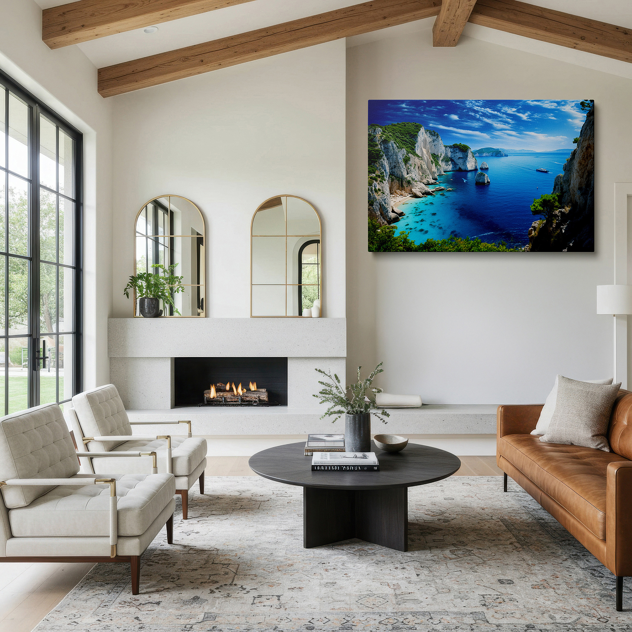 Positioned above a console table between ceramic vases — serene seaside day: majestic cliffs and tranquil waters - large wall art for living room, bedroom, or office decor