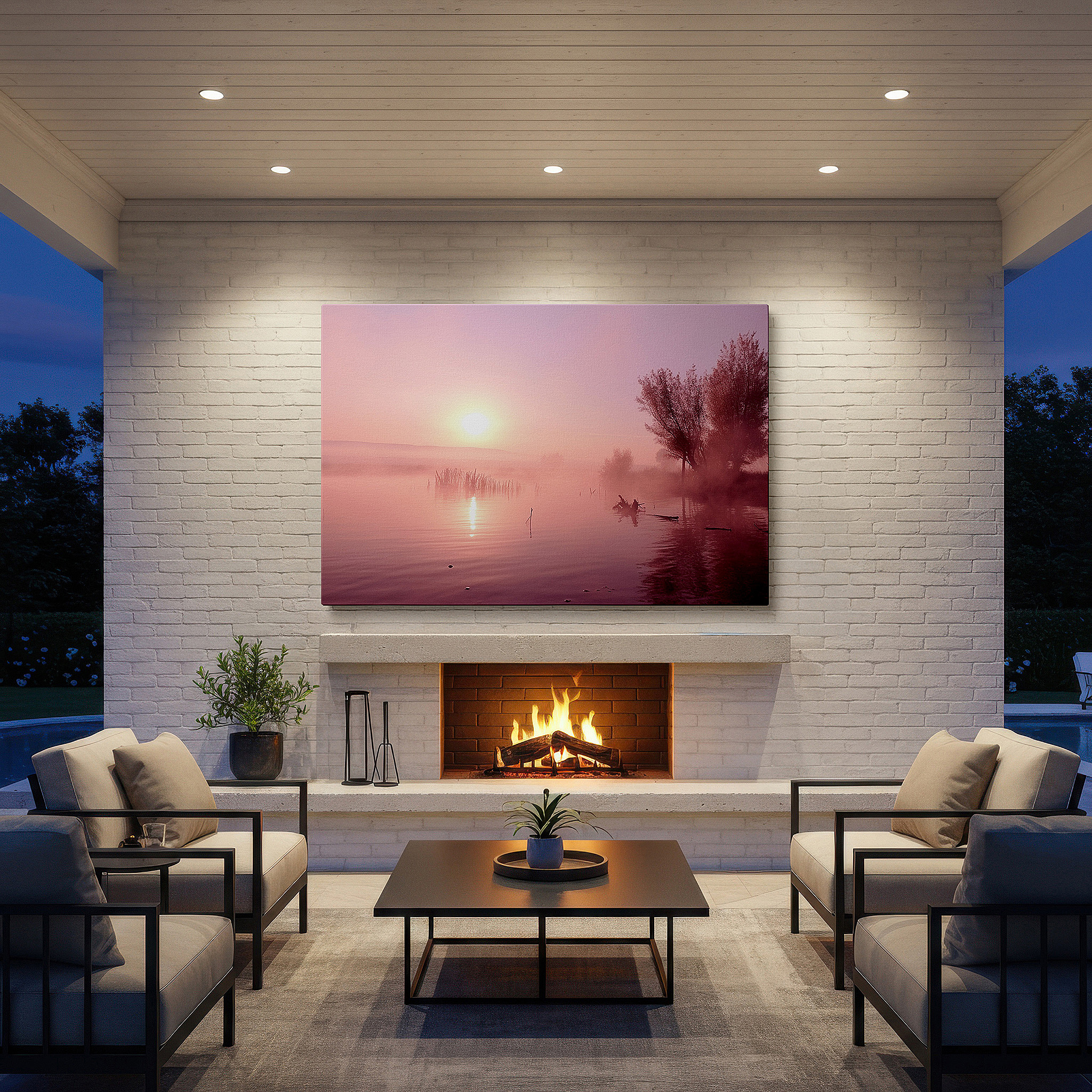Positioned above a console table between ceramic vases — serene sunrise over misty lake wall art: ethereal light and soft pink hues for tranquility - large canvas wall art decor for office