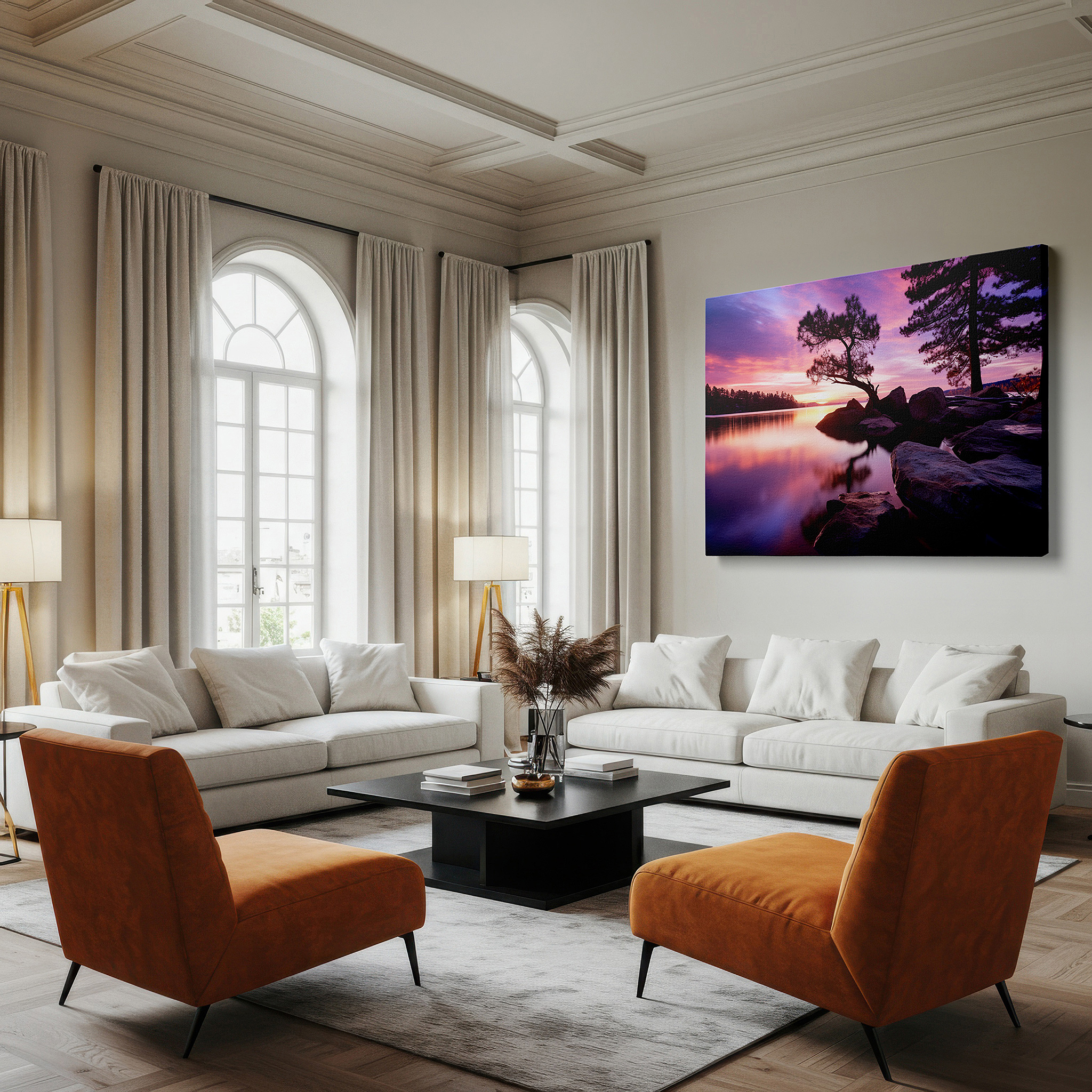 Positioned above a console table between ceramic vases — serene sunset over tranquil lake: a vivid symphony of fiery hues and peaceful reflections - large canvas wall art for office decor