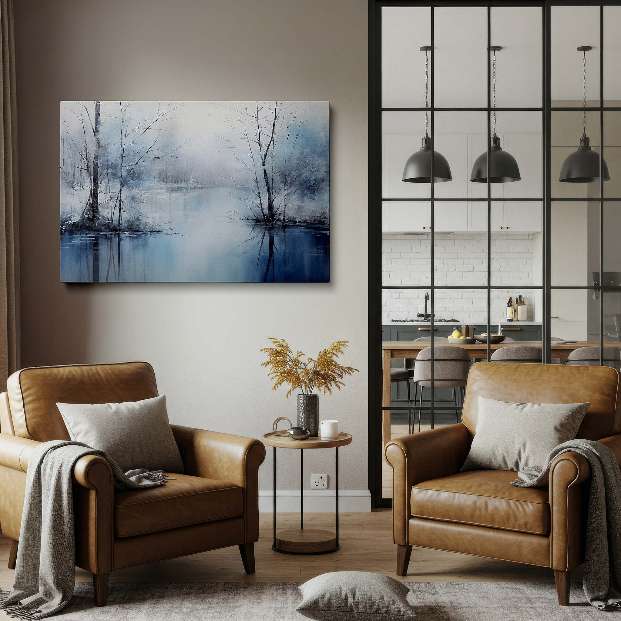 Positioned above a console table between ceramic vases — serene winter reflections - peaceful waters and misty trees large wall art, canvas wall art, wall decor, office wall art, bedroom wall art