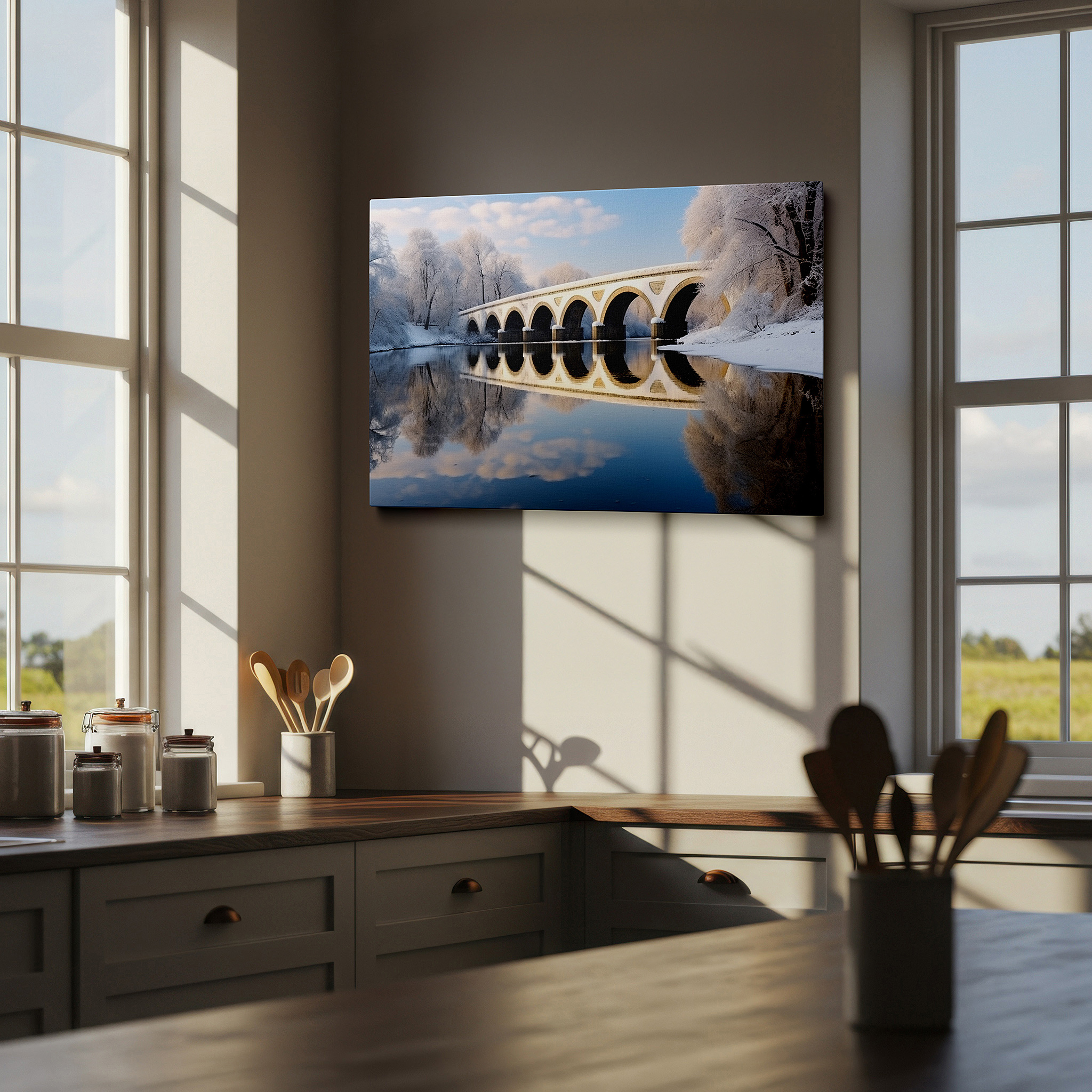 Positioned above a console table between ceramic vases — serene winter scene with graceful arch bridge over calm waters - large canvas wall art for office and bedroom decor
