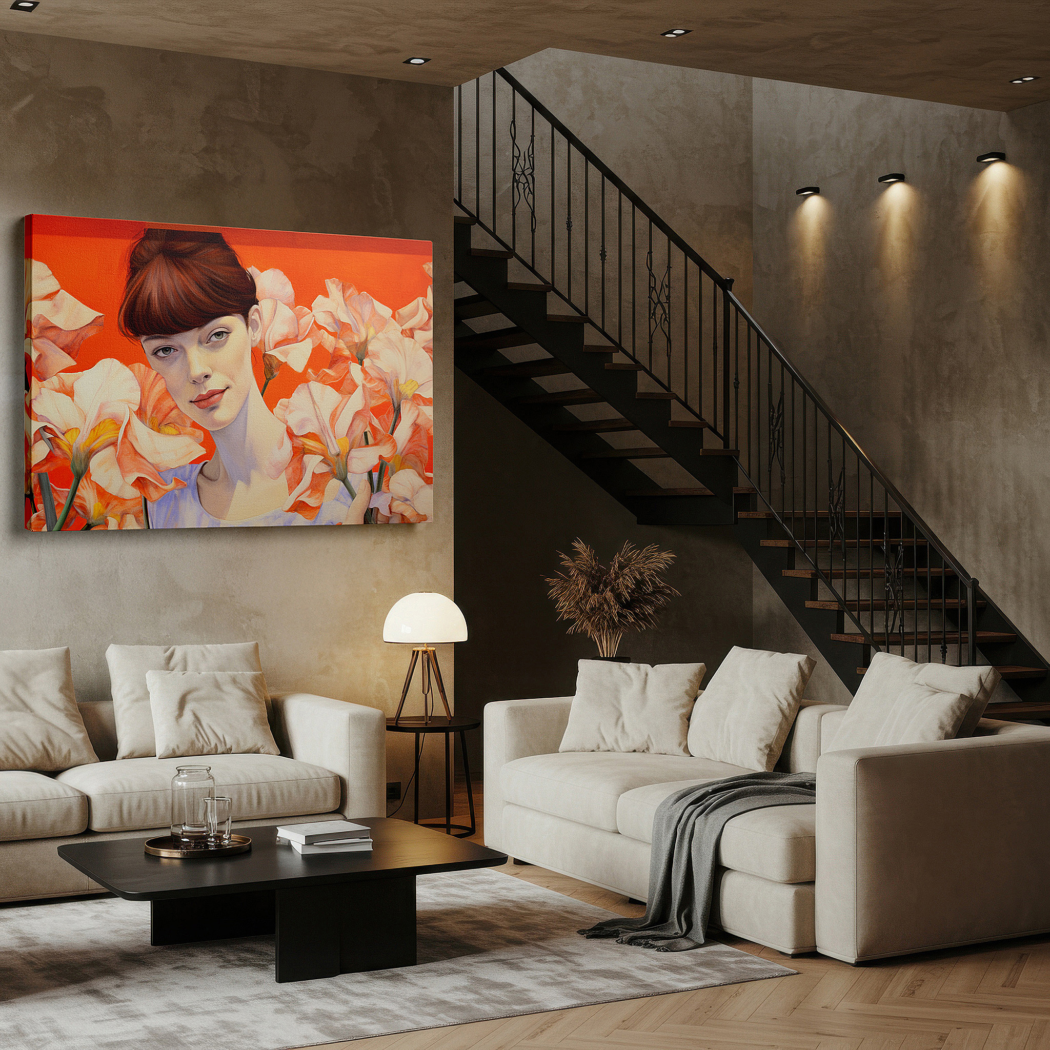 Positioned above a console table between ceramic vases — serenity and strength in feminine tranquility amidst nature's embrace: large canvas wall art for office and bedroom decor