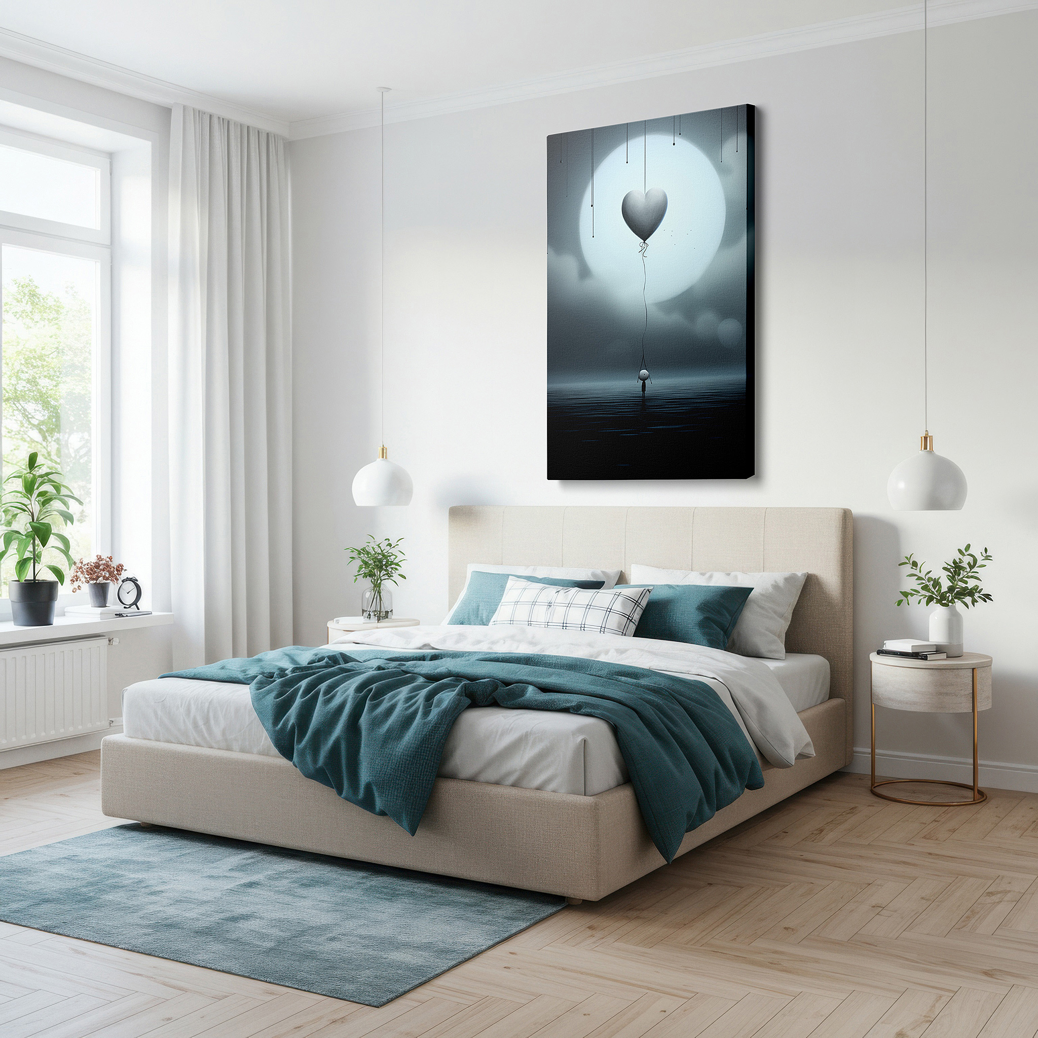 Positioned above a console table between ceramic vases — a solitary silhouette holding a heart-shaped balloon by the expansive moonlit ocean - large wall art, canvas wall art, wall decor for office