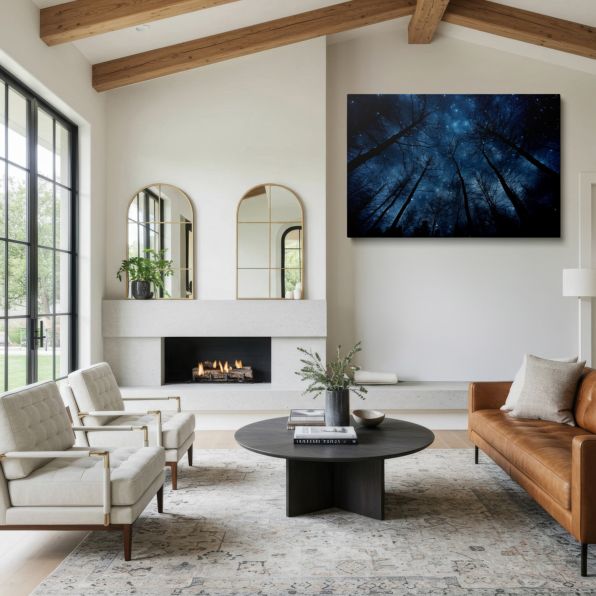 Positioned above a console table between ceramic vases — starlit sky and silhouetted trees: reflecting on the vastness of the universe and existential solitude - large wall art, canvas wall art, office wall decor