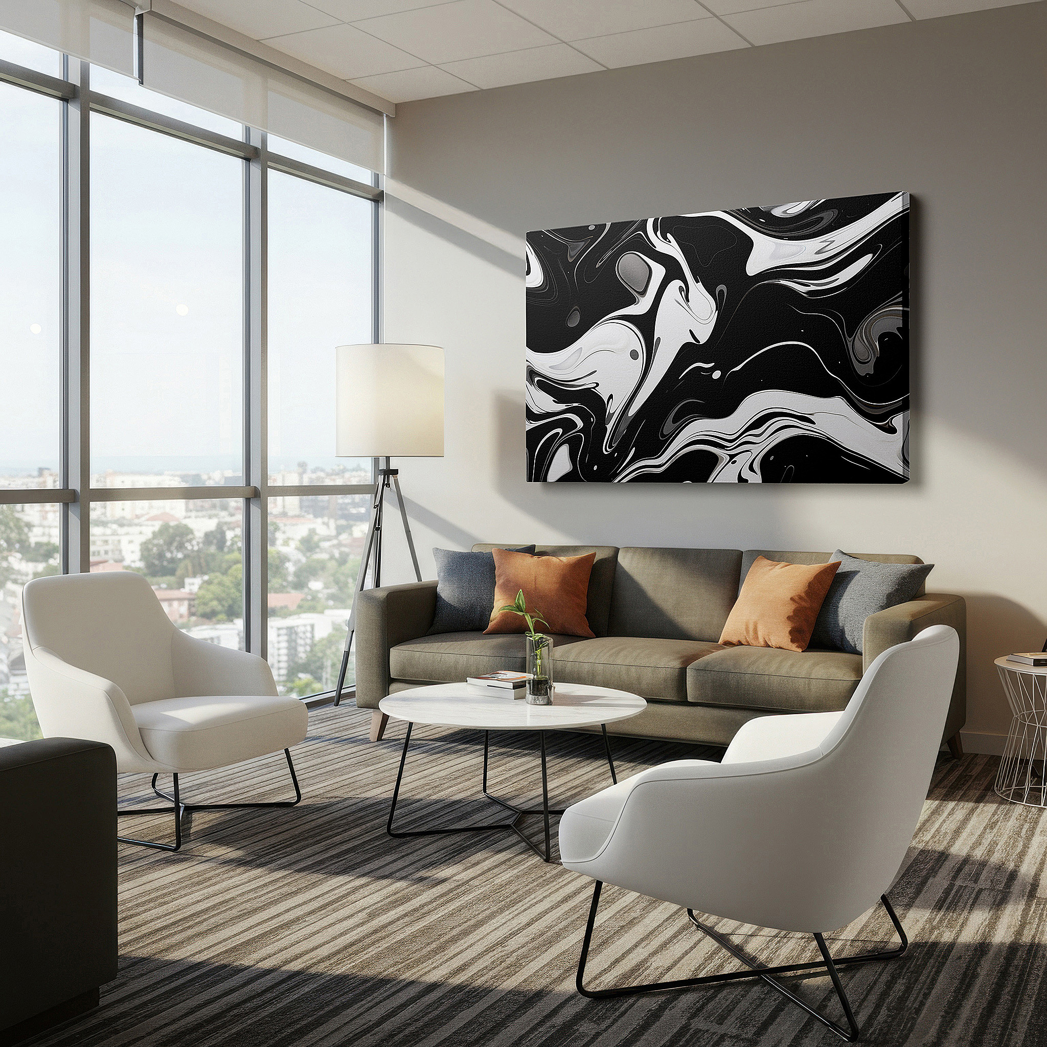 Positioned above a console table between ceramic vases — stunning black and white marble abstract: ideal for modern spaces, large canvas wall art for living rooms, offices, and bedrooms