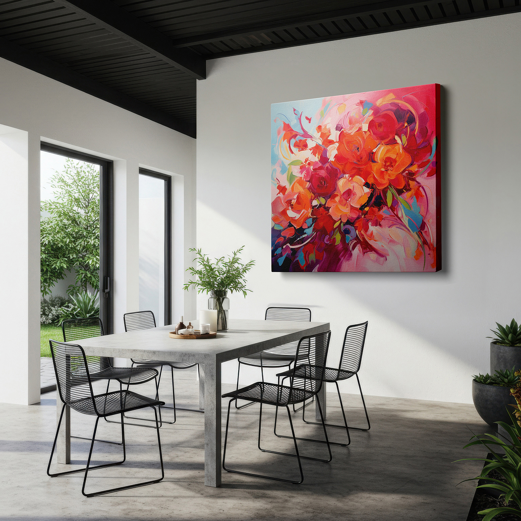 Positioned above a console table between ceramic vases — a stunning floral canvas featuring bold reds and rich greens, perfect for large wall decor in offices or bedrooms