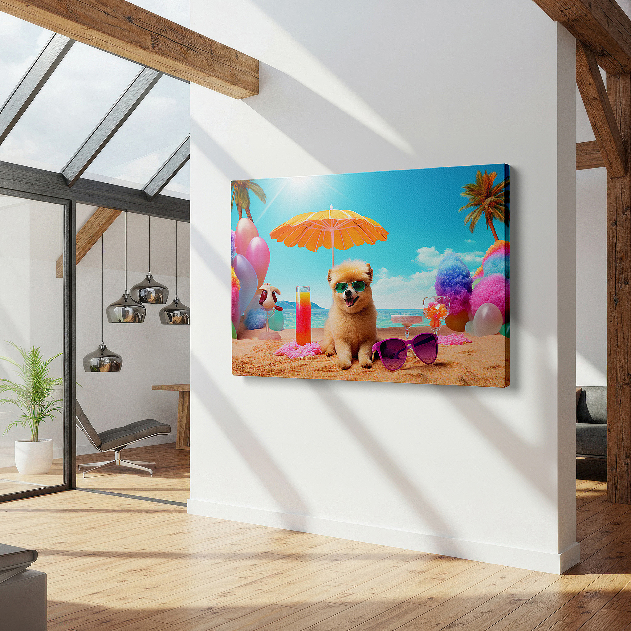 Positioned above a console table between ceramic vases — summer bliss: stylish pomeranian on a tropical beach - large canvas wall art for office and bedroom decor