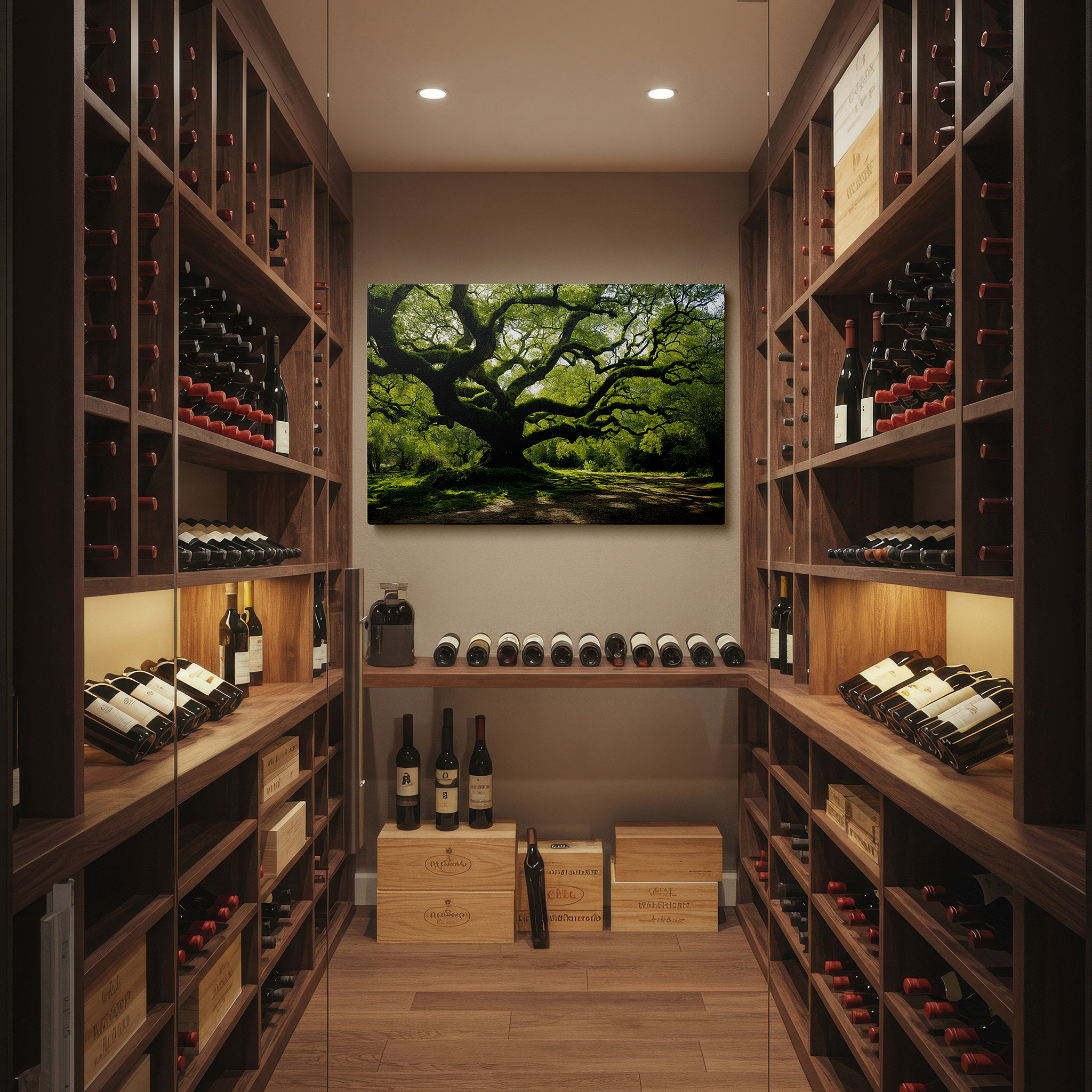 Positioned above a console table between ceramic vases — sun-dappled ancient tree: a tranquil sanctuary of strength - large canvas wall art for office decor