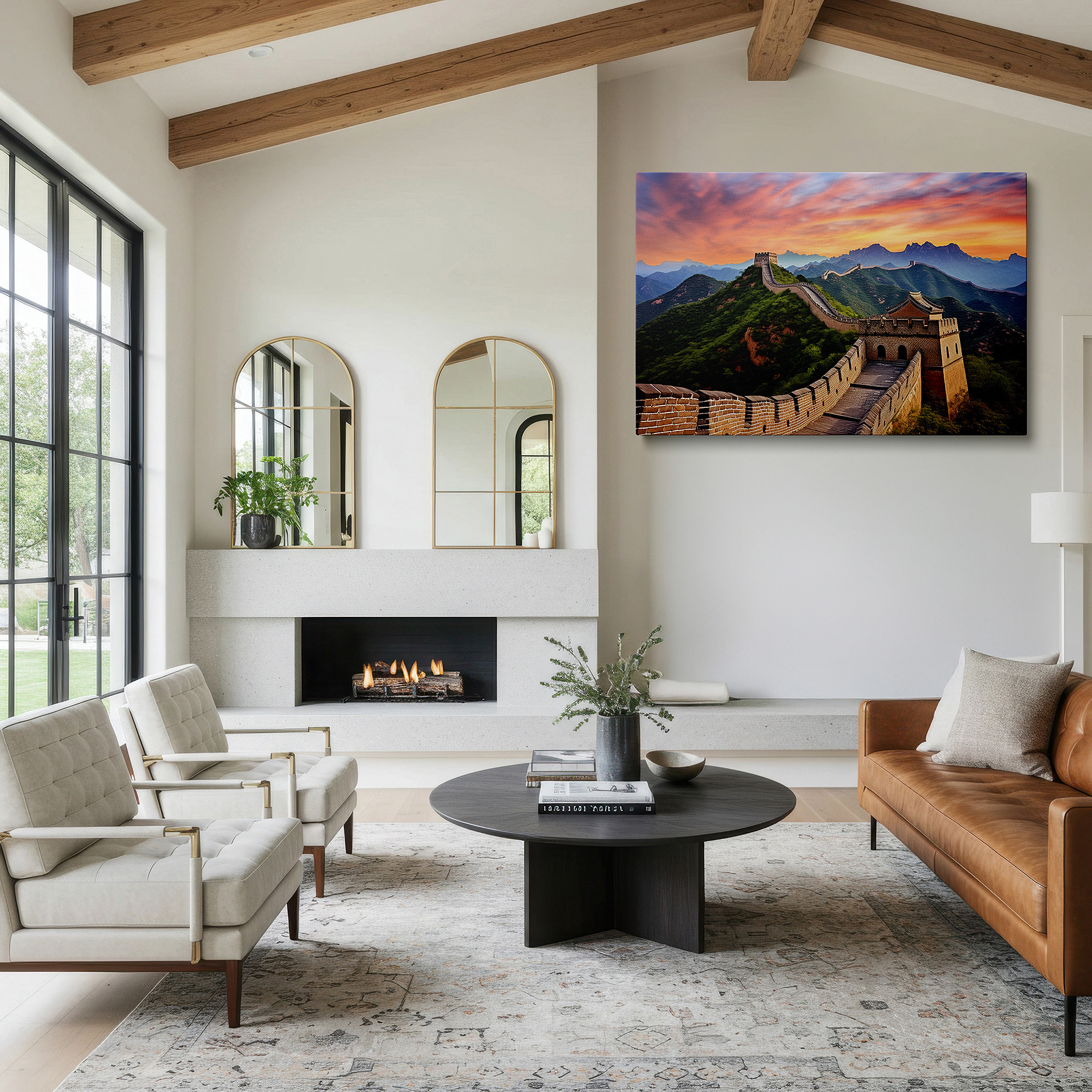 Positioned above a console table between ceramic vases — sunrise at the great wall of china - celebrating durability and architectural magnificence, large canvas wall art for home decor