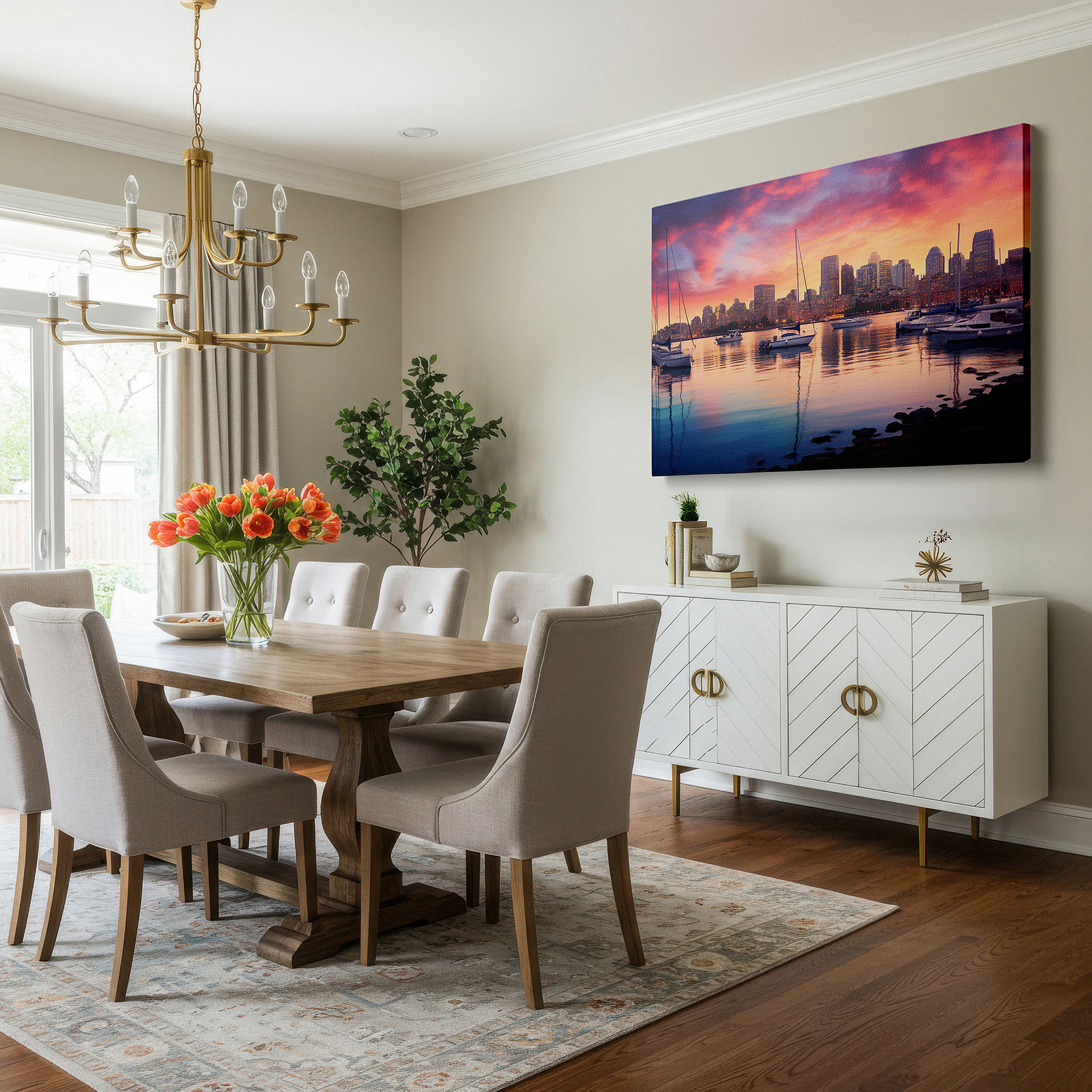 Positioned above a console table between ceramic vases — sunset city skyline - captivating urban energy meets serene nature large wall art, canvas wall art, wall decor, office wall art