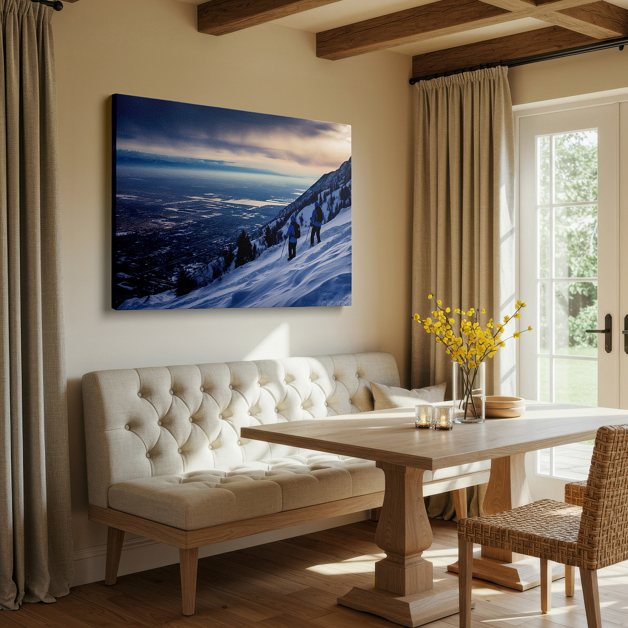 Positioned above a console table between ceramic vases — sunset hikers in a snowy mountain landscape: a vivid adventure and nature's beauty - large canvas wall art for office decor