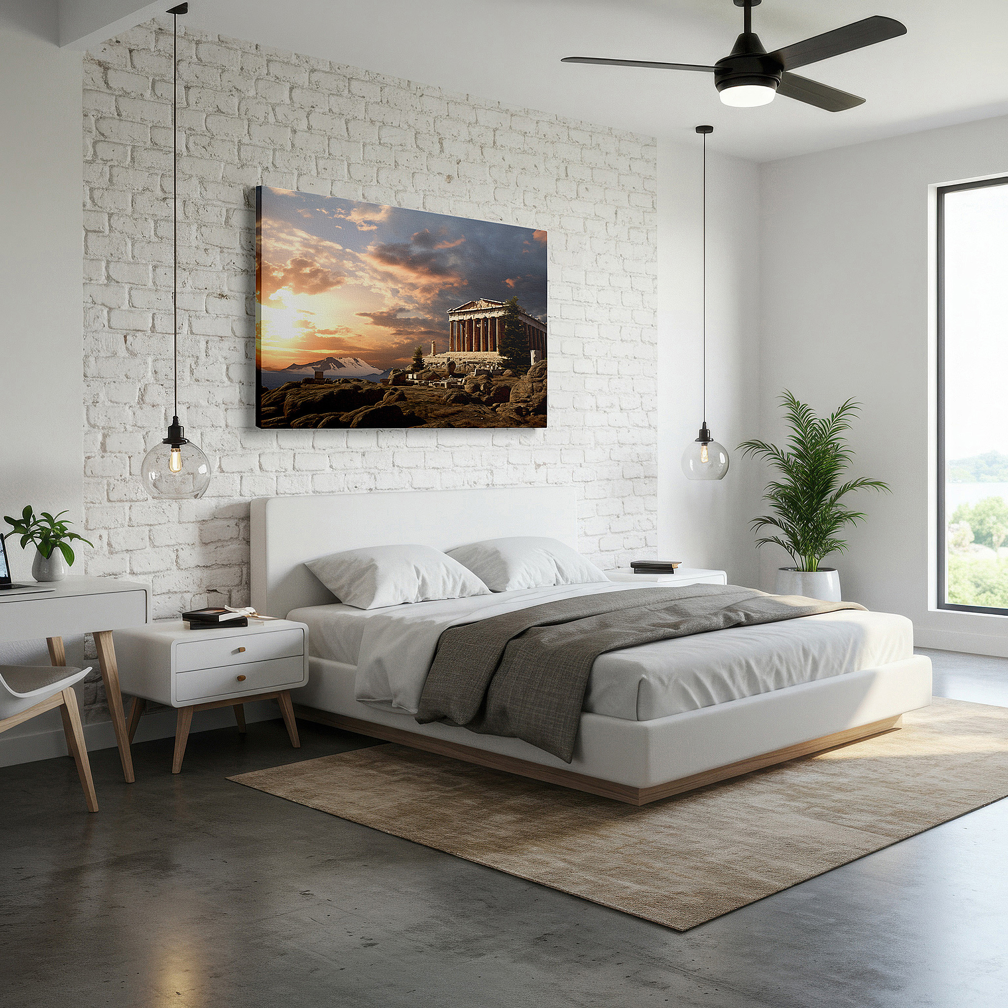Positioned above a console table between ceramic vases — sunset at the majestic temple: a tribute to timeless elegance - large canvas wall art for office and bedroom decor