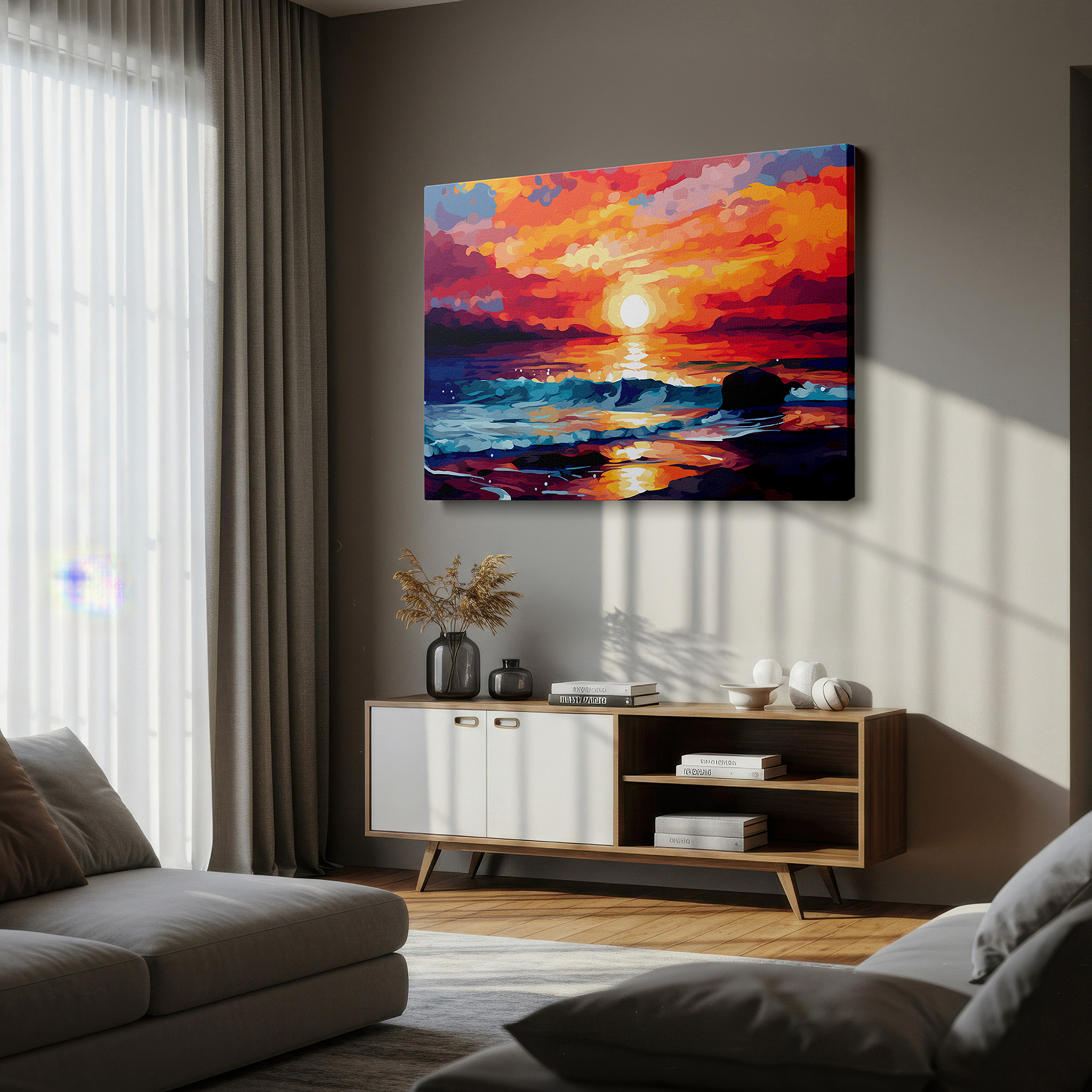 Positioned above a console table between ceramic vases — sunset over the ocean: a symphony of fiery hues and tranquil waves - large canvas wall art for office and bedroom decor