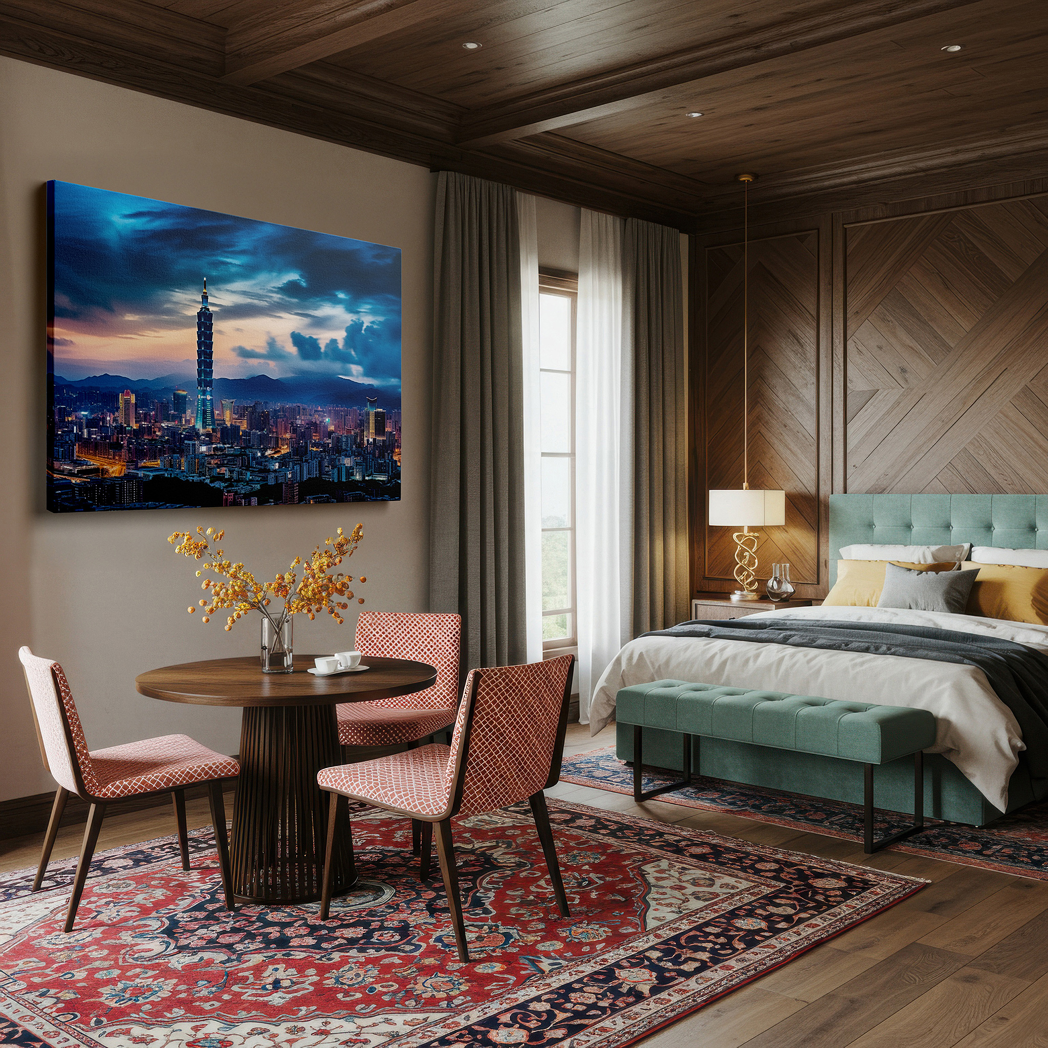 Positioned above a console table between ceramic vases — taipei 101 tower lit up: a dazzling gem in the evening cityscape - large wall art, canvas wall art, wall decor for office and bedroom