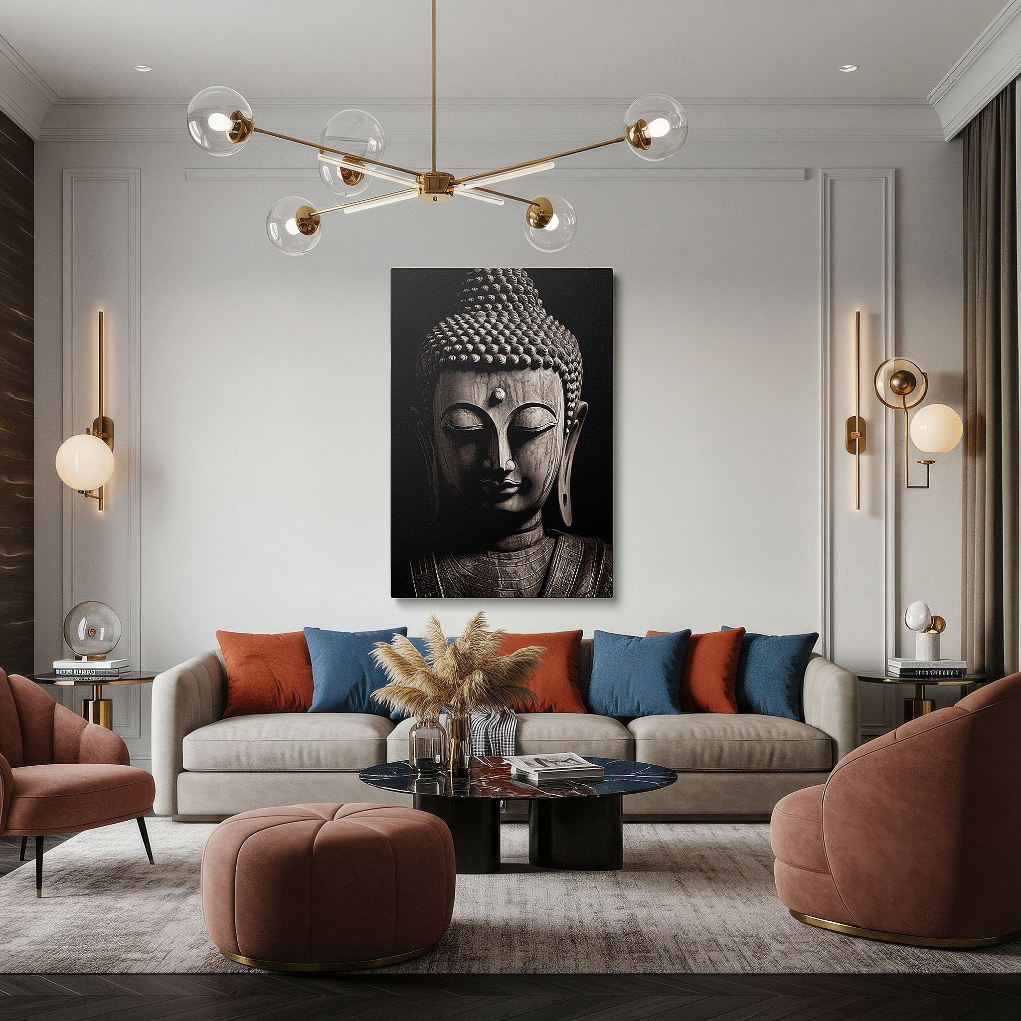 Positioned above a console table between ceramic vases — tranquil buddha sculpture wall art in black and white - large canvas for spiritual depth and serenity, ideal for office and bedroom decor