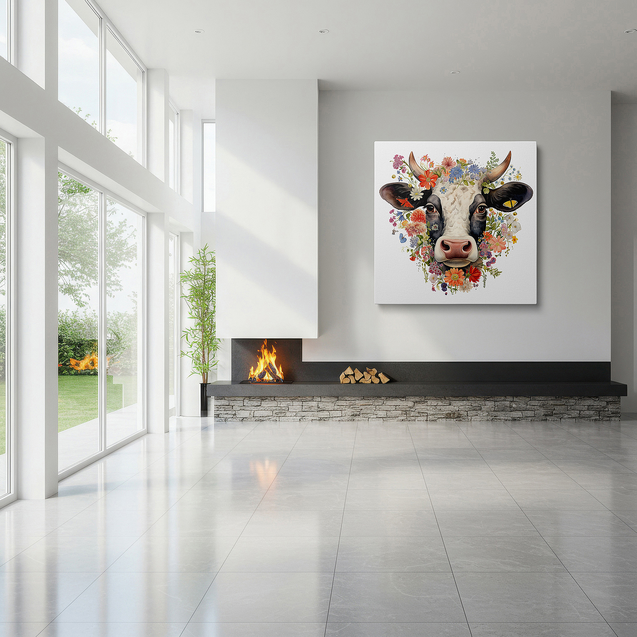 Positioned above a console table between ceramic vases — tranquil cow in floral kaleidoscope: serene nature and farm life wall art, large canvas decor for office