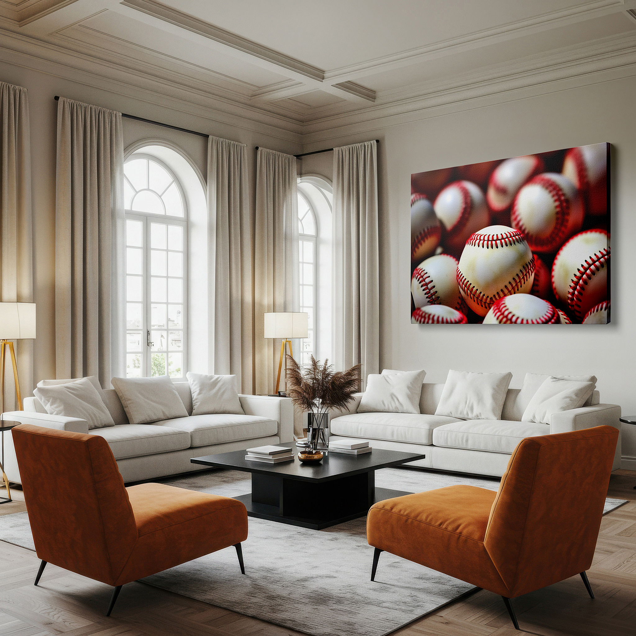 Positioned above a console table between ceramic vases — a tribute to america's favorite sport: precision-made baseballs with classic red stitching - large wall art, canvas wall art, wall decor for office