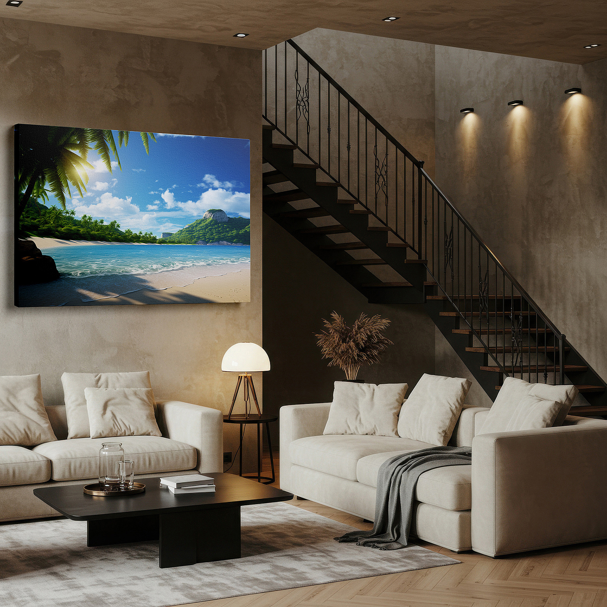 Positioned above a console table between ceramic vases — tropical paradise wall art featuring crystal-clear waters and lush greenery, large canvas for home and office decor