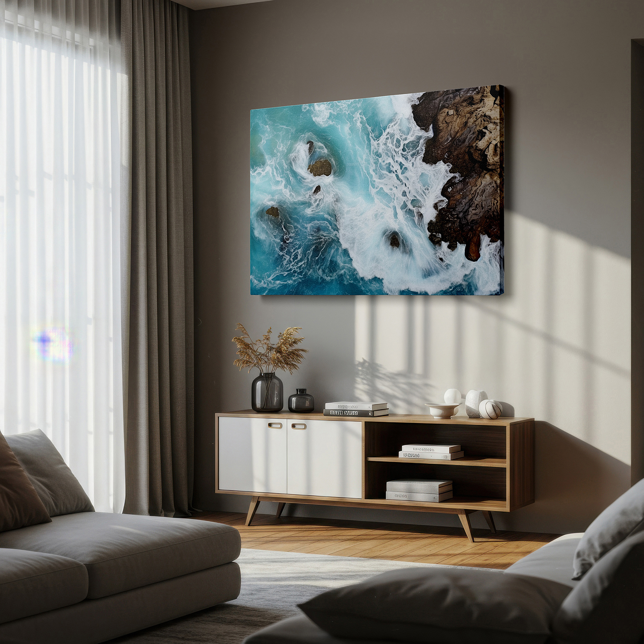 Positioned above a console table between ceramic vases — turquoise waves waltz along the jagged shoreline, a brilliant display of nature's hues and surfaces, oversized wall art, canvas wall art, wall decor for office