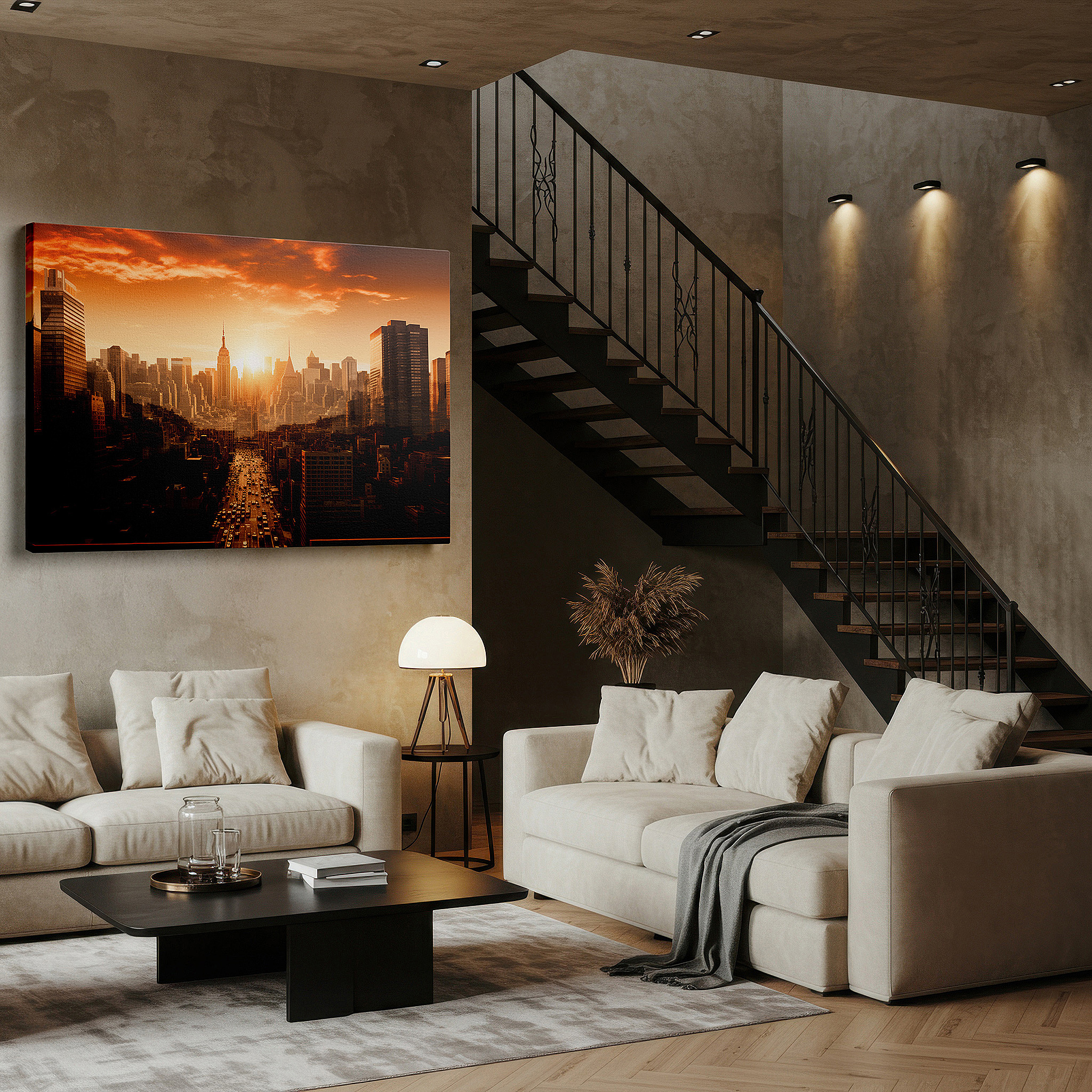 Positioned above a console table between ceramic vases — urban sunset cityscape: vibrant metropolis at dusk - large canvas wall art for office, bedroom, and living room decor