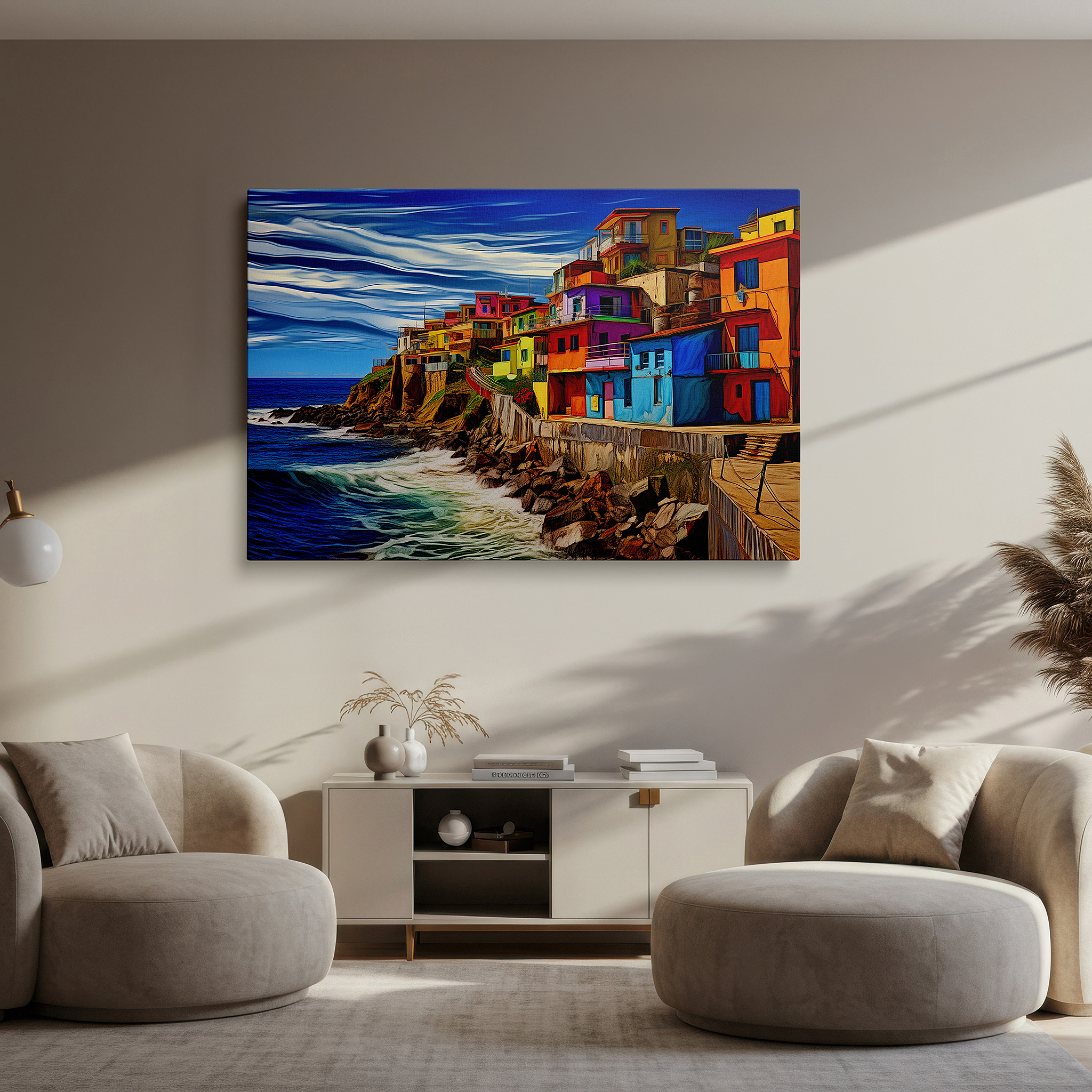 Positioned above a console table between ceramic vases — vibrant coastal homes under sunlit skies: a dynamic blend of land and sea - large wall art, canvas wall art, wall decor for office