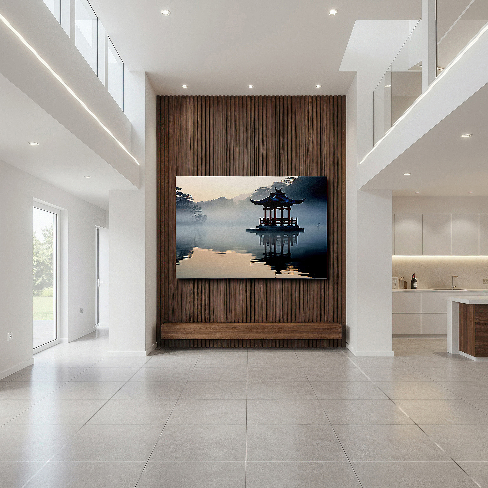Positioned above a console table between ceramic vases — wall art: "dawn's embrace at the red pavilion" - tranquil reflections on misty waters, large canvas wall art for home and office decor
