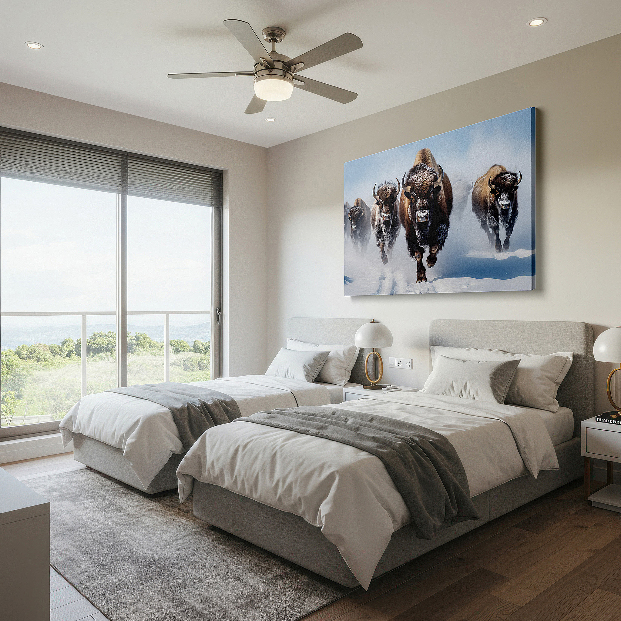 Positioned above a console table between ceramic vases — wall art: dynamic bison charge across snow-covered plains - large canvas wall art for office, bedroom, and living room decor