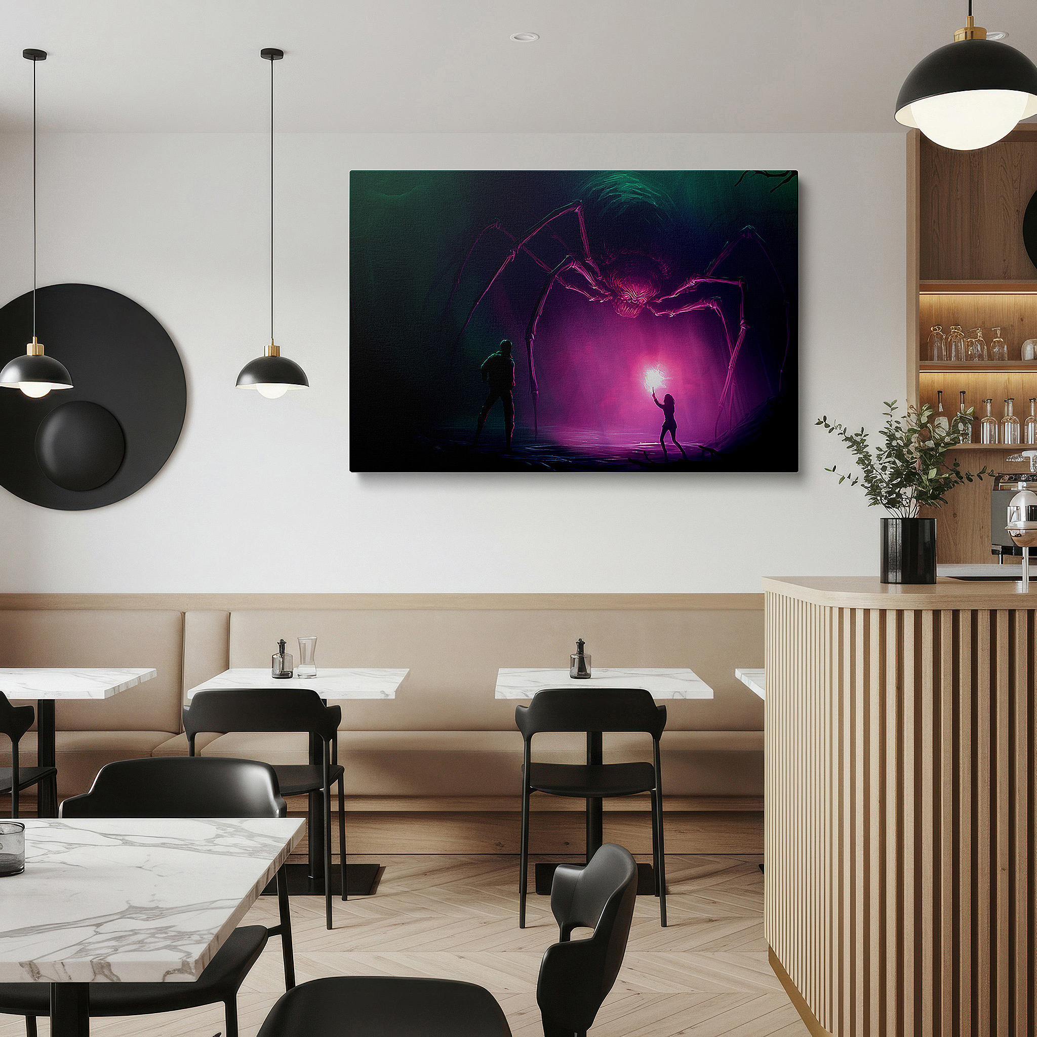 Positioned above a console table between ceramic vases — wall art: epic confrontation of courage vs. fear in a mystical realm - large canvas wall art for office and bedroom decor