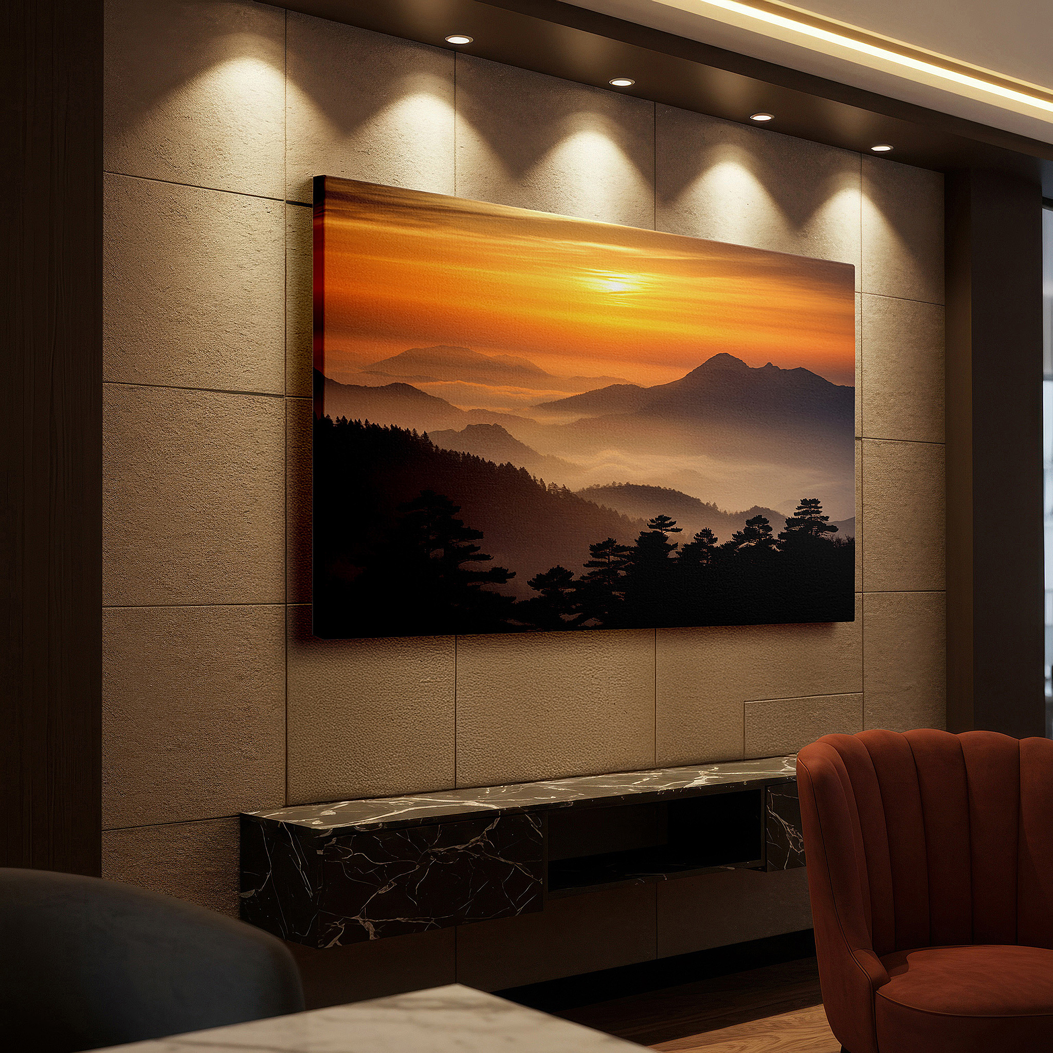 Positioned above a console table between ceramic vases — wall art: fiery sunset over rugged peaks - a vivid display of nature's beauty. perfect for office, bedroom, and home decor, available as large canvas wall art.
