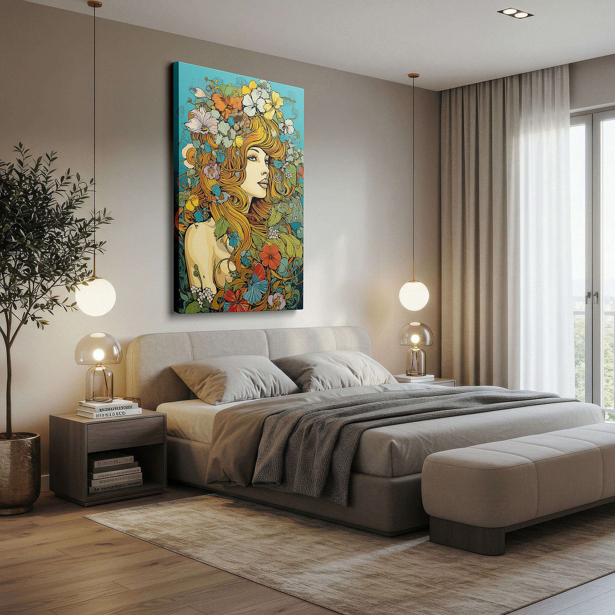 Positioned above a console table between ceramic vases — wall art: a lush floral portrait blending femininity with nature - large canvas wall art for office and bedroom decor