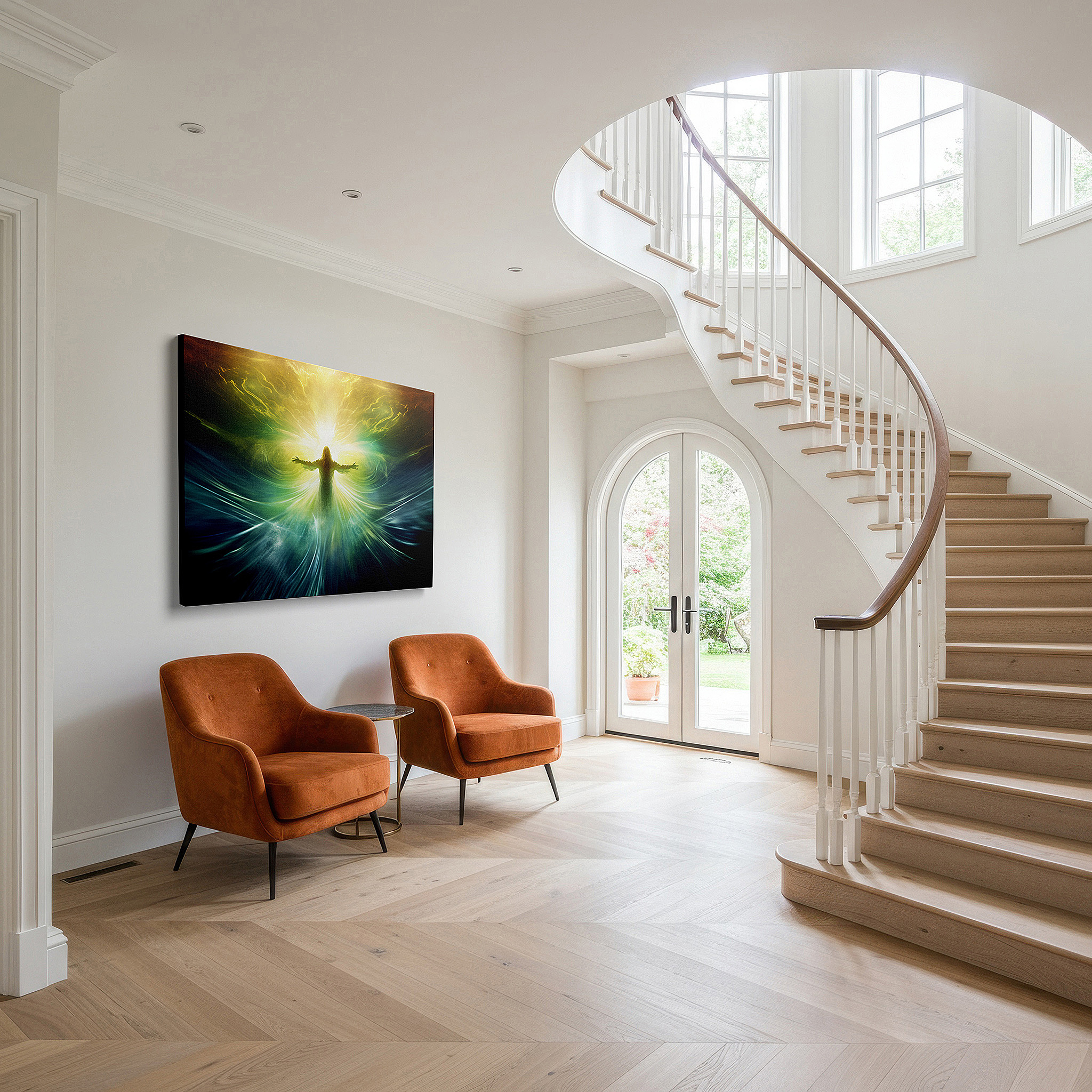 Positioned above a console table between ceramic vases — wall art: radiant figure amid cosmic hues - a journey of spiritual enlightenment and universal connection. large canvas wall art for office decor.