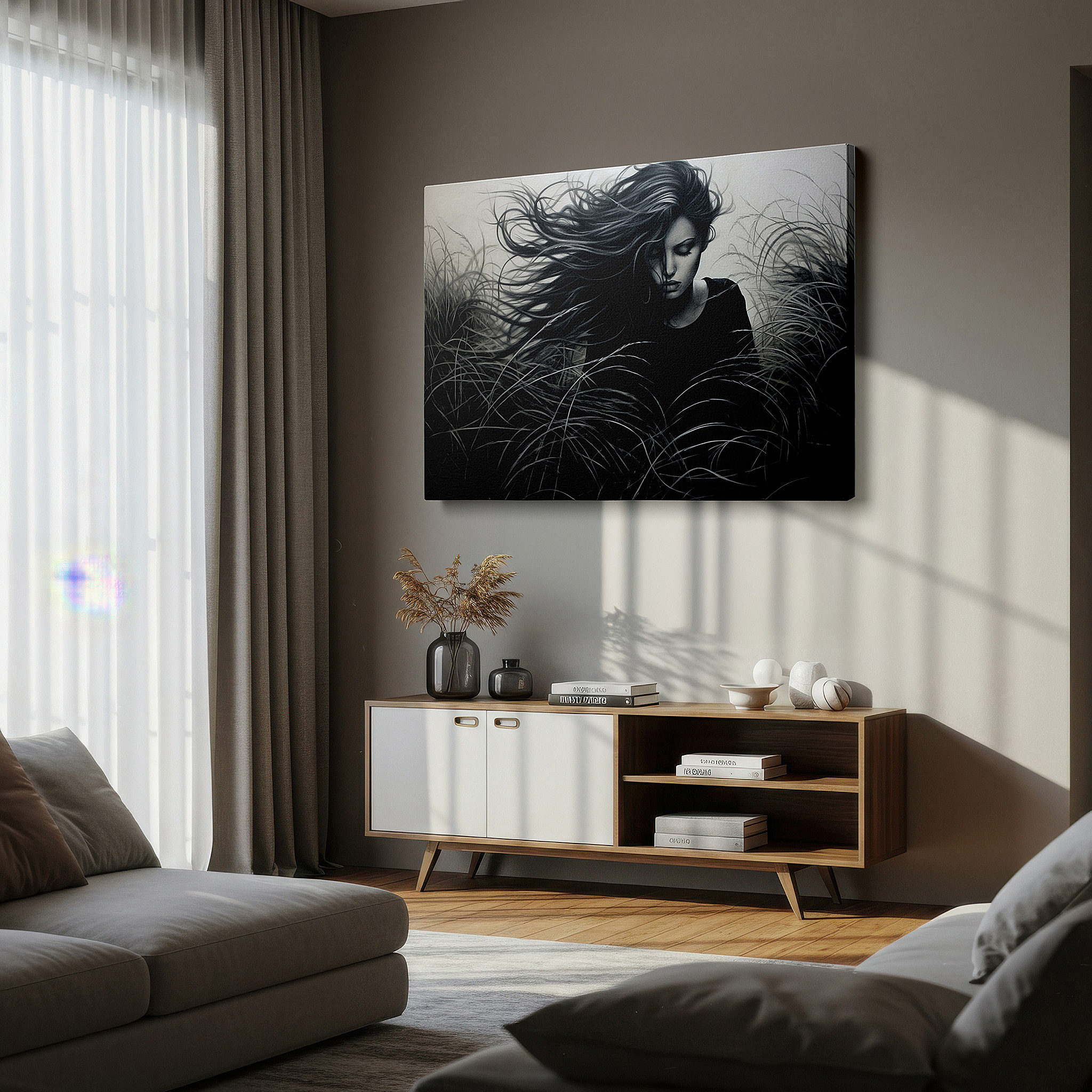 Positioned above a console table between ceramic vases — wall art: serene black and white image of a thoughtful woman in an expansive meadow - large canvas wall art for home and office decor, perfect for living room and bedroom