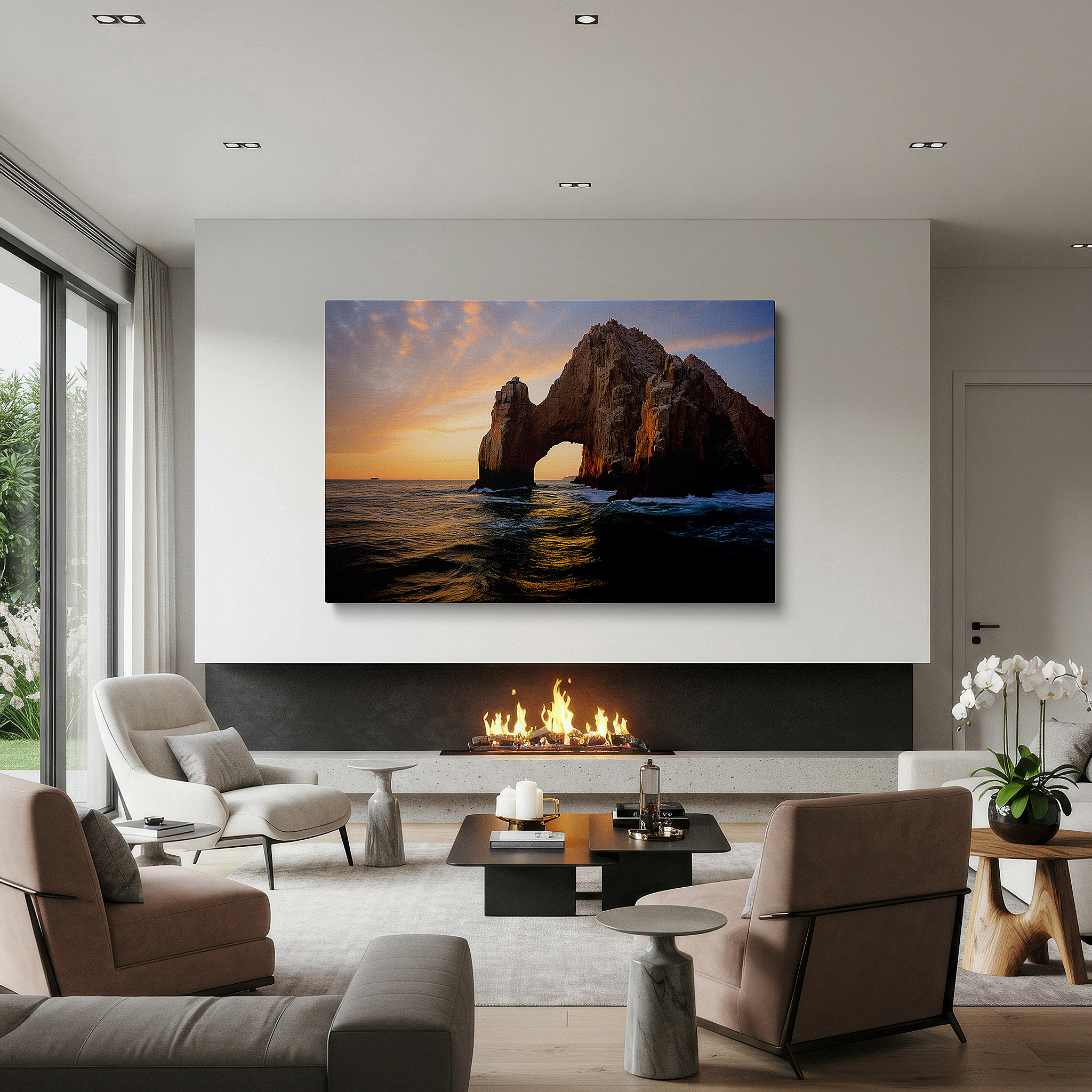 Positioned above a console table between ceramic vases — wall art: stunning ocean-edge rock formation bathed in sunset's glow - large canvas wall art for office, bedroom, and living room decor