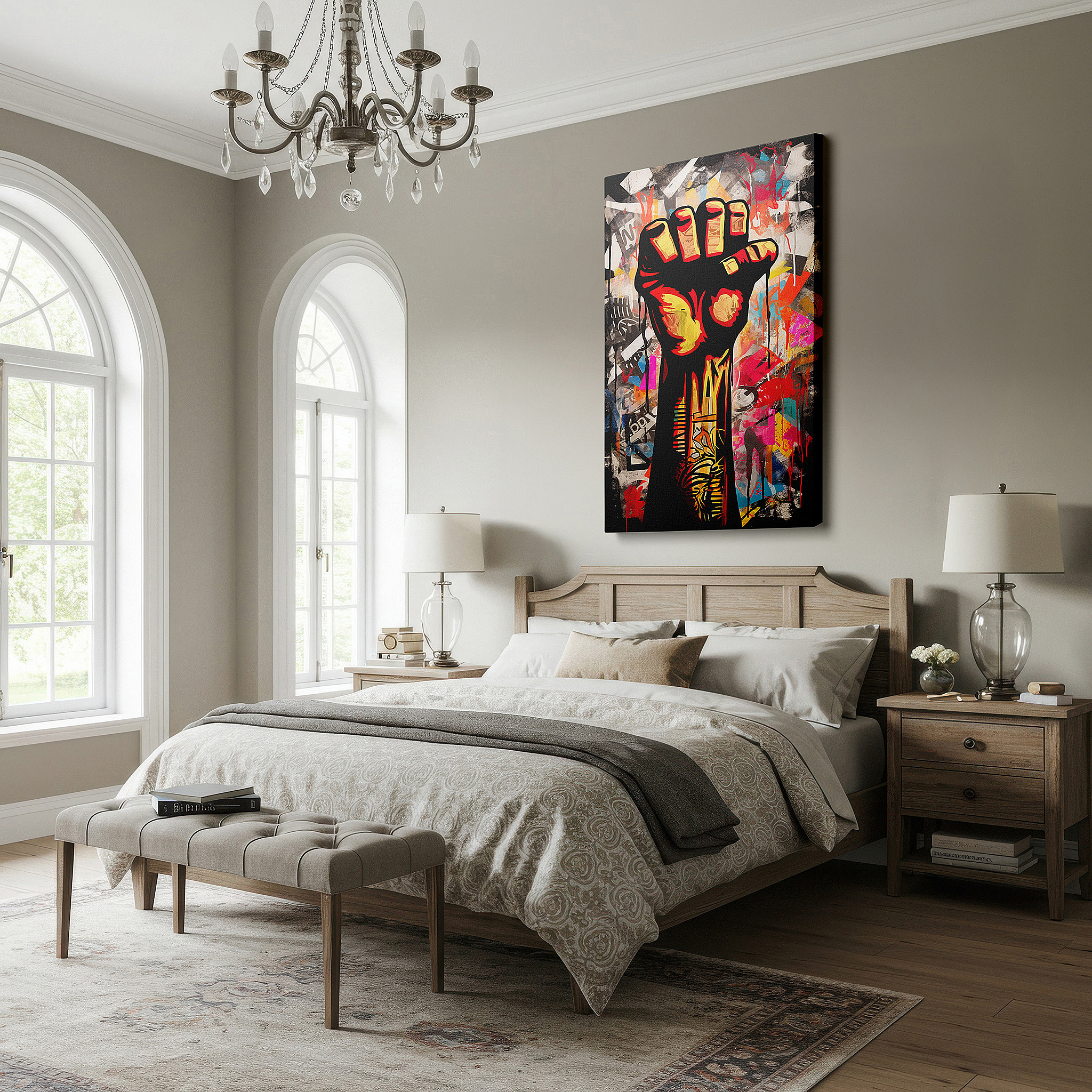 Positioned above a console table between ceramic vases — wall art: a symbol of defiance and empowerment with a raised fist surrounded by urban graffiti - large canvas wall art for home and office decor, perfect for living room and bedroom