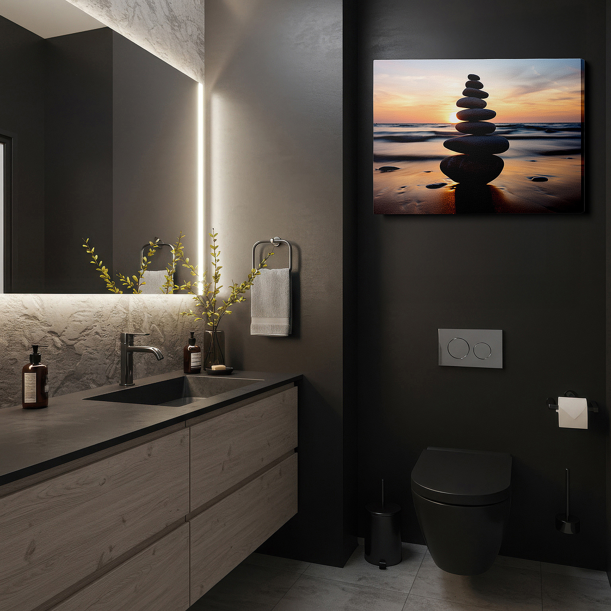 Positioned above a console table between ceramic vases — wall art: tranquil oasis featuring pebbles silhouetted against a fiery sunset, representing balance and serenity - large canvas wall art for home and office decor