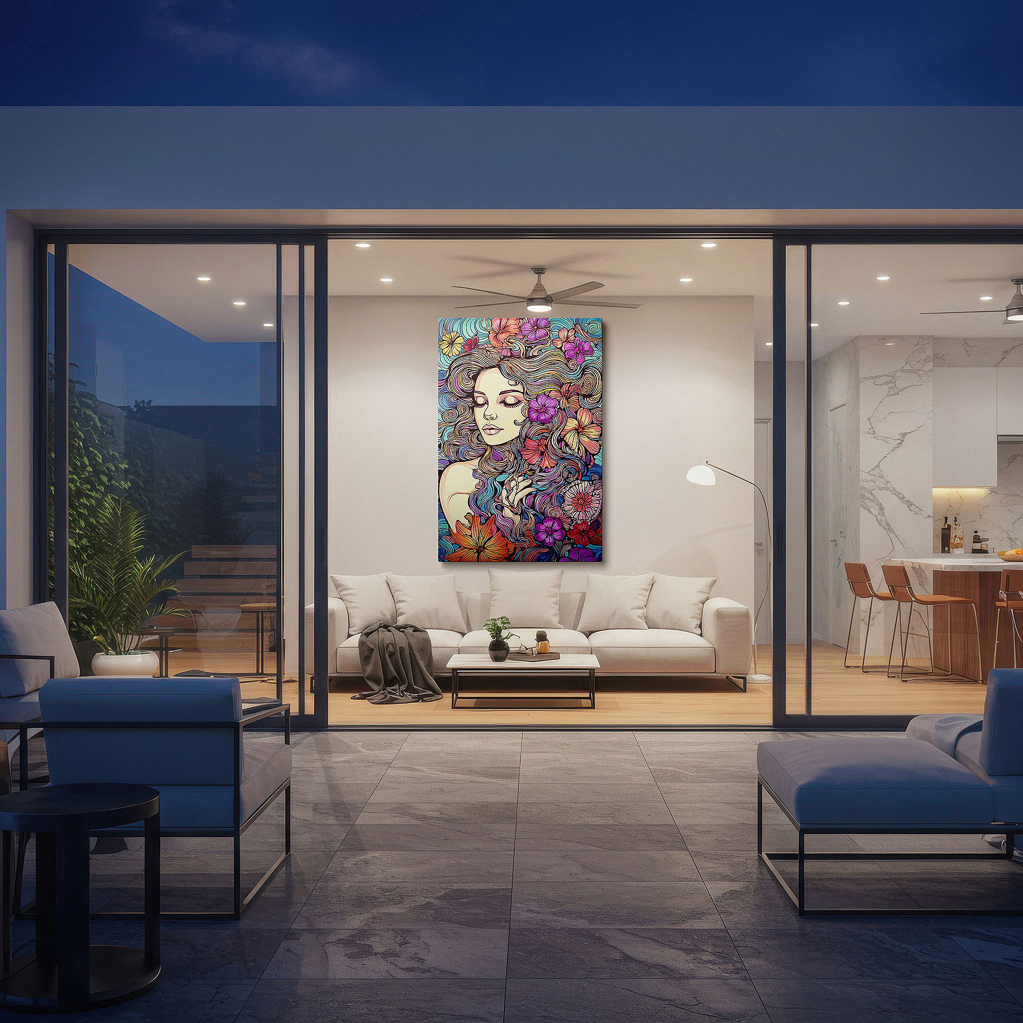 Positioned above a console table between ceramic vases — wall art: tranquil scene of serene woman enveloped by nature's vibrant essence - large canvas wall art for office and bedroom decor