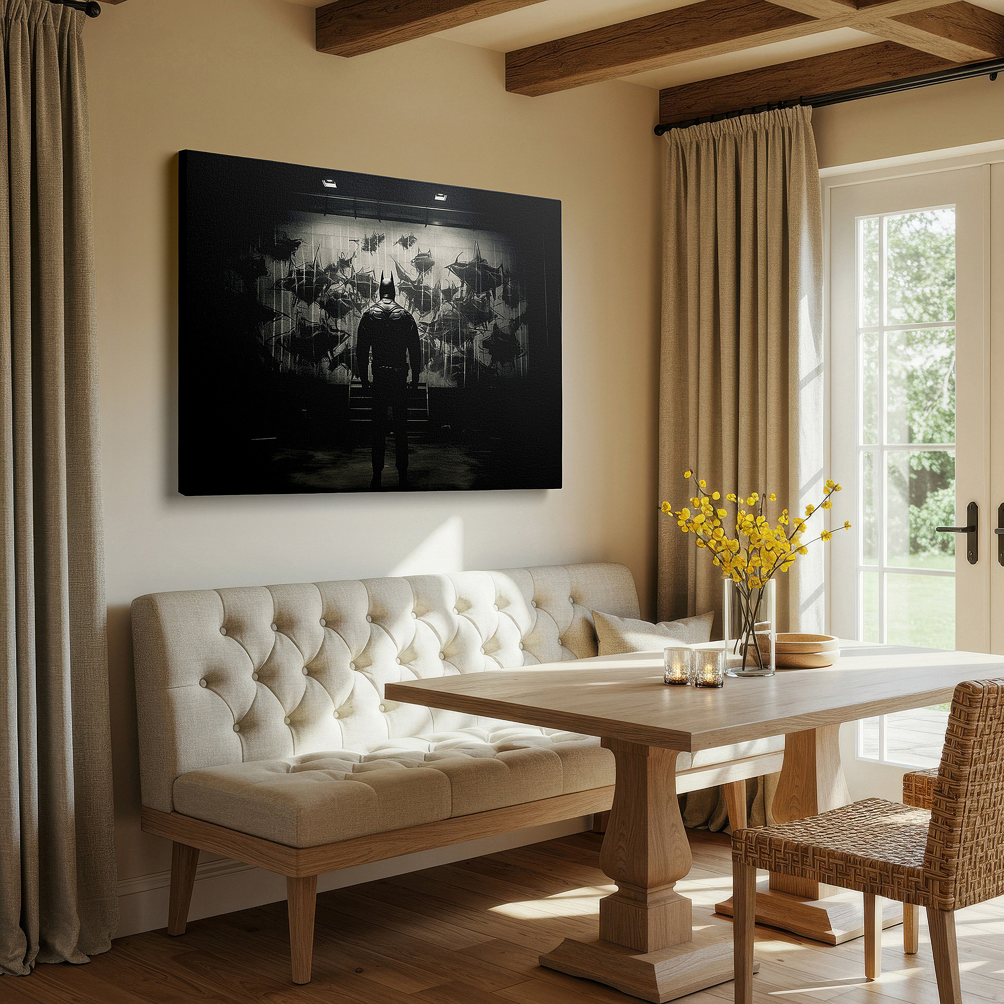 Positioned above a console table between ceramic vases — wall art: the vigilante of justice and mystery - a symbolic representation of righteousness and secrecy. large canvas wall art for office decor.