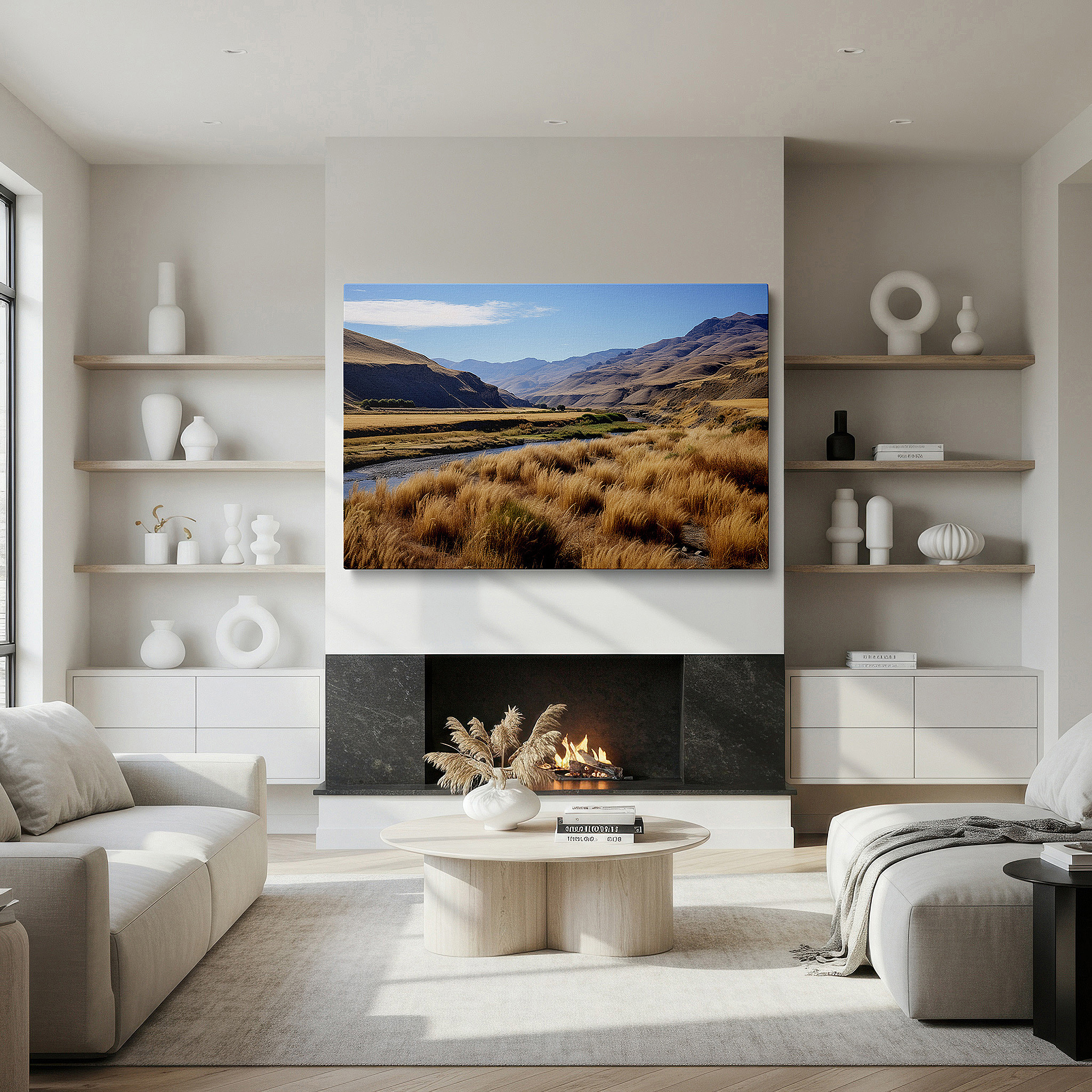 Positioned above a console table between ceramic vases — wall decor: dry riverbed with golden grasses - a striking representation of nature's endurance and elegance. large canvas art for home and office.