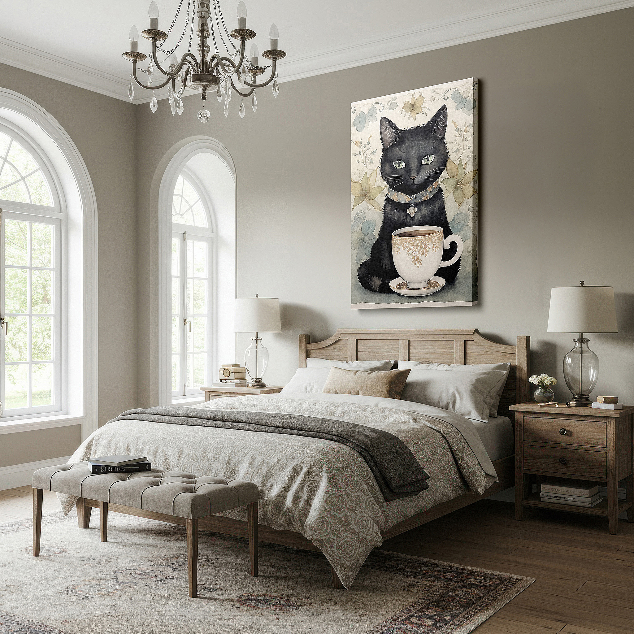 Positioned above a console table between ceramic vases — wall decor: sleek black cat and ornate jeweled cup - large canvas art for office and bedroom
