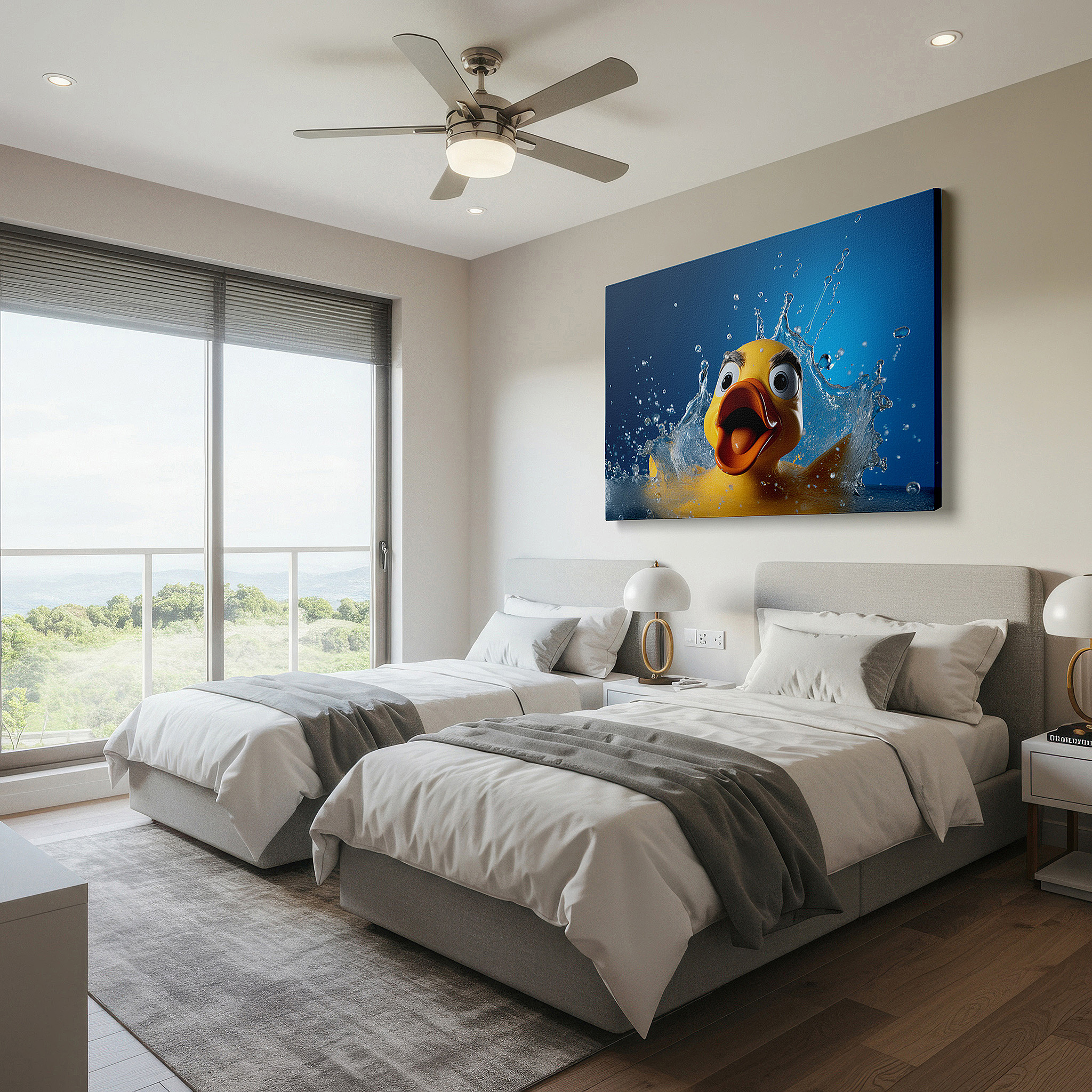 Positioned above a console table between ceramic vases — yellow rubber duck and water splashes wall art, large canvas decor for office, bedroom, and living room