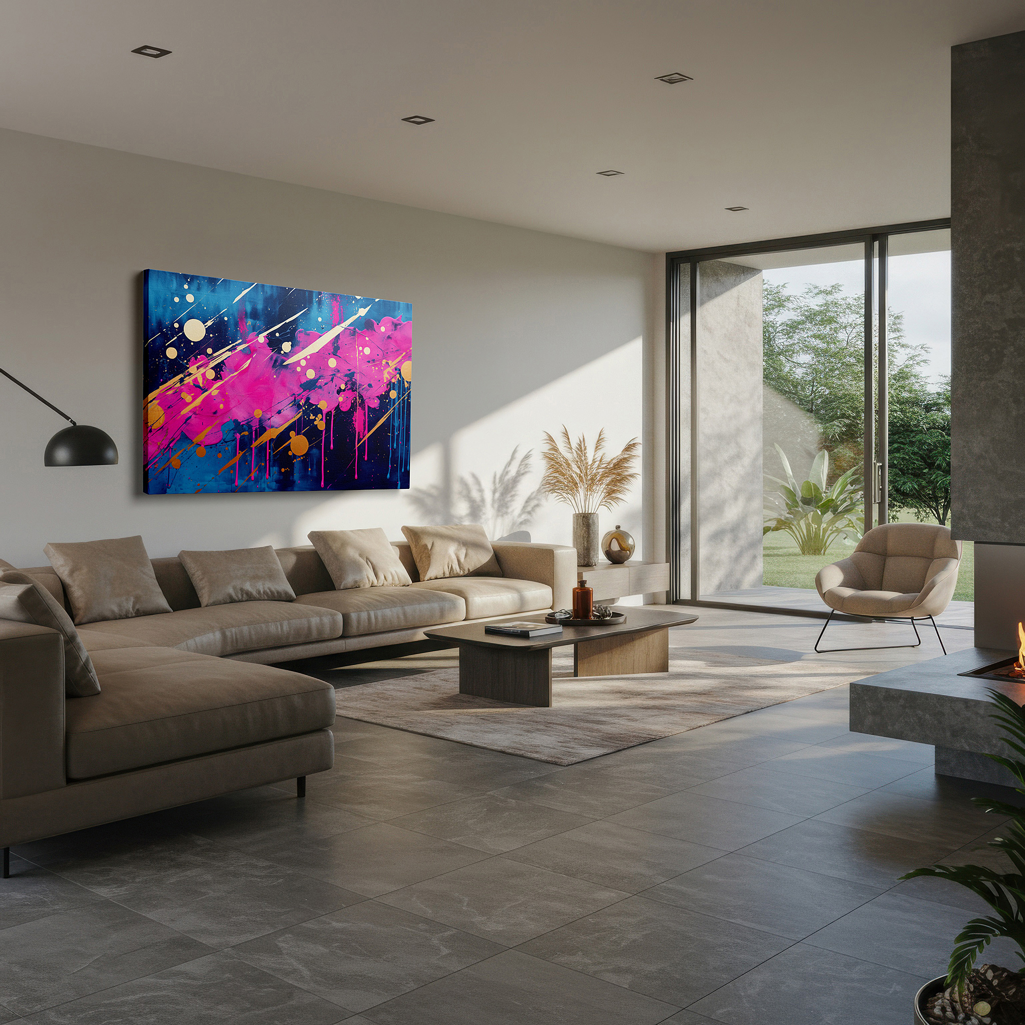 Presented on a clean white gallery wall with ample space — abstract expressionist large wall art featuring vibrant pinks, luxurious golds, and deep blues, perfect for home or office decor