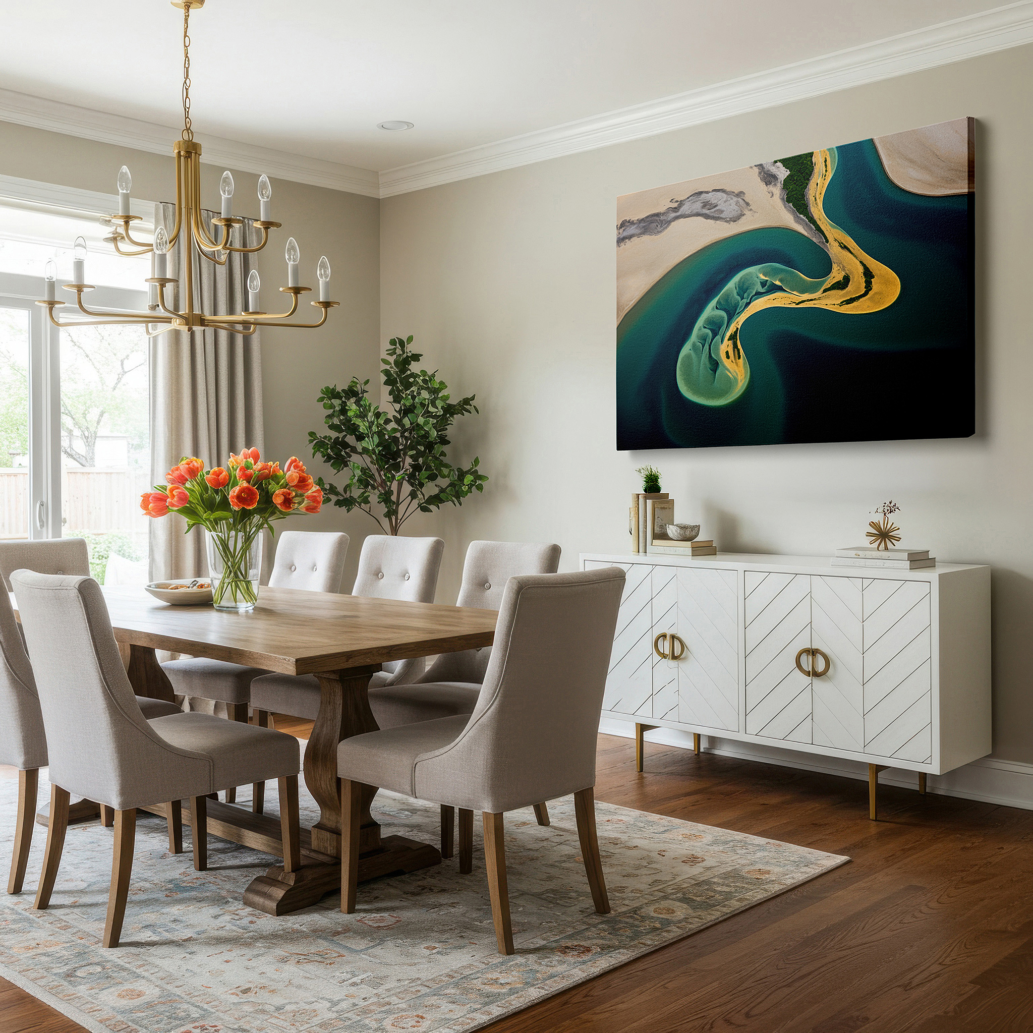 Presented on a clean white gallery wall with ample space — aerial island oasis surrounded by bright blue river large wall art, canvas wall decor, office wall decor, bedroom wall decor, living room wall art
