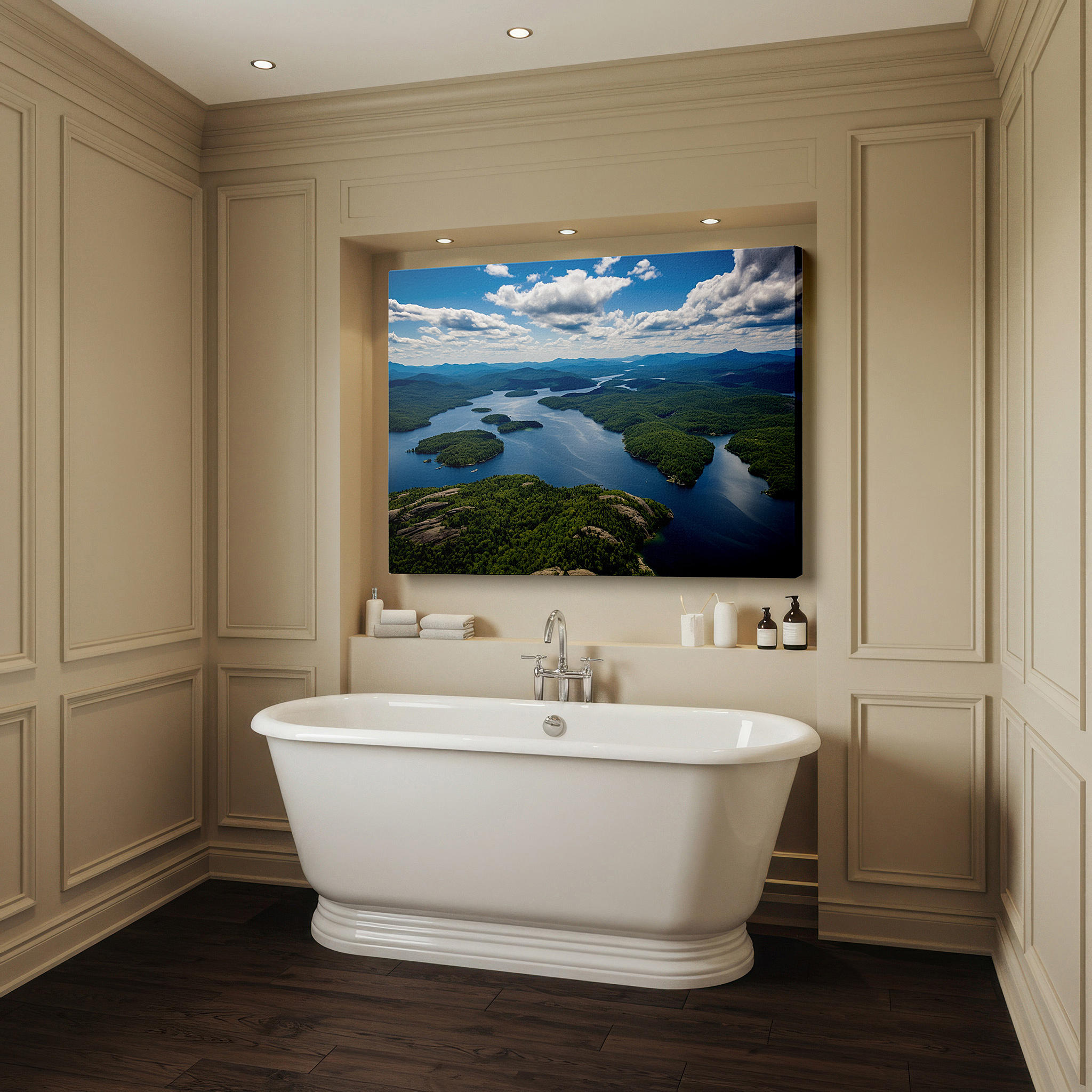 Presented on a clean white gallery wall with ample space — aerial view of a serene archipelago in calm waters: vibrant and tranquil large wall art, canvas wall art, wall decor for office