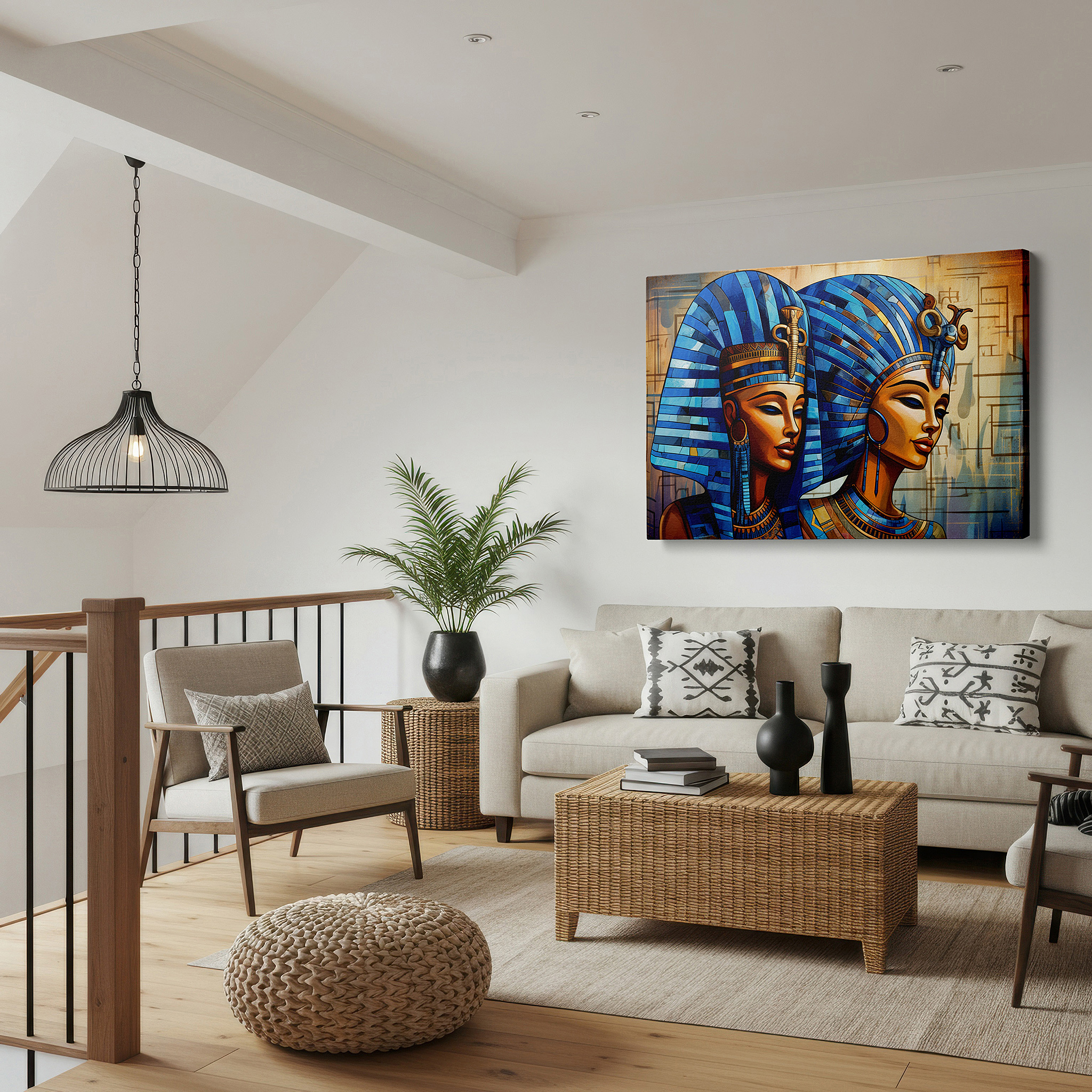 Presented on a clean white gallery wall with ample space — ancient egyptian queens in blue headdresses and gold jewelry large wall art, canvas wall art, wall decor for office