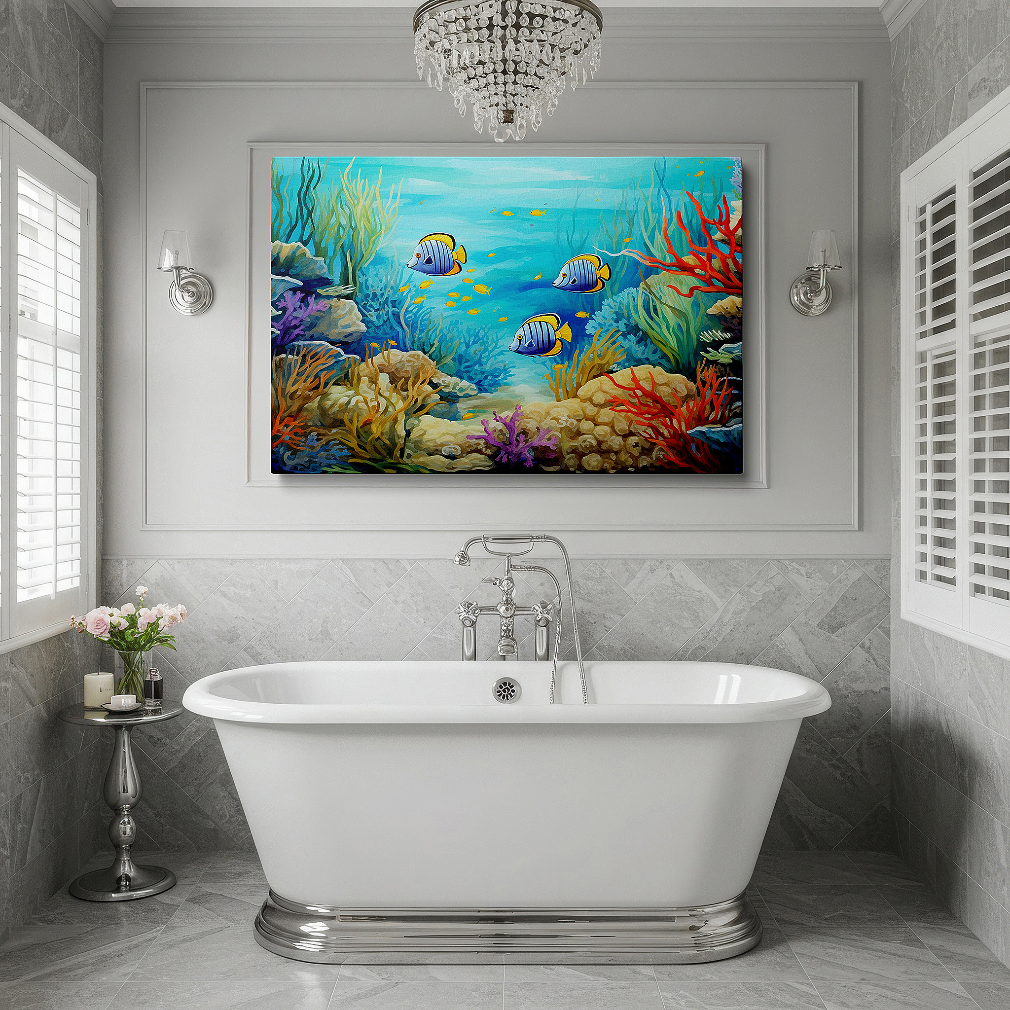 Presented on a clean white gallery wall with ample space — aquatic wonders wall art: explore an enchanted underwater realm with large canvas prints for home and office decor