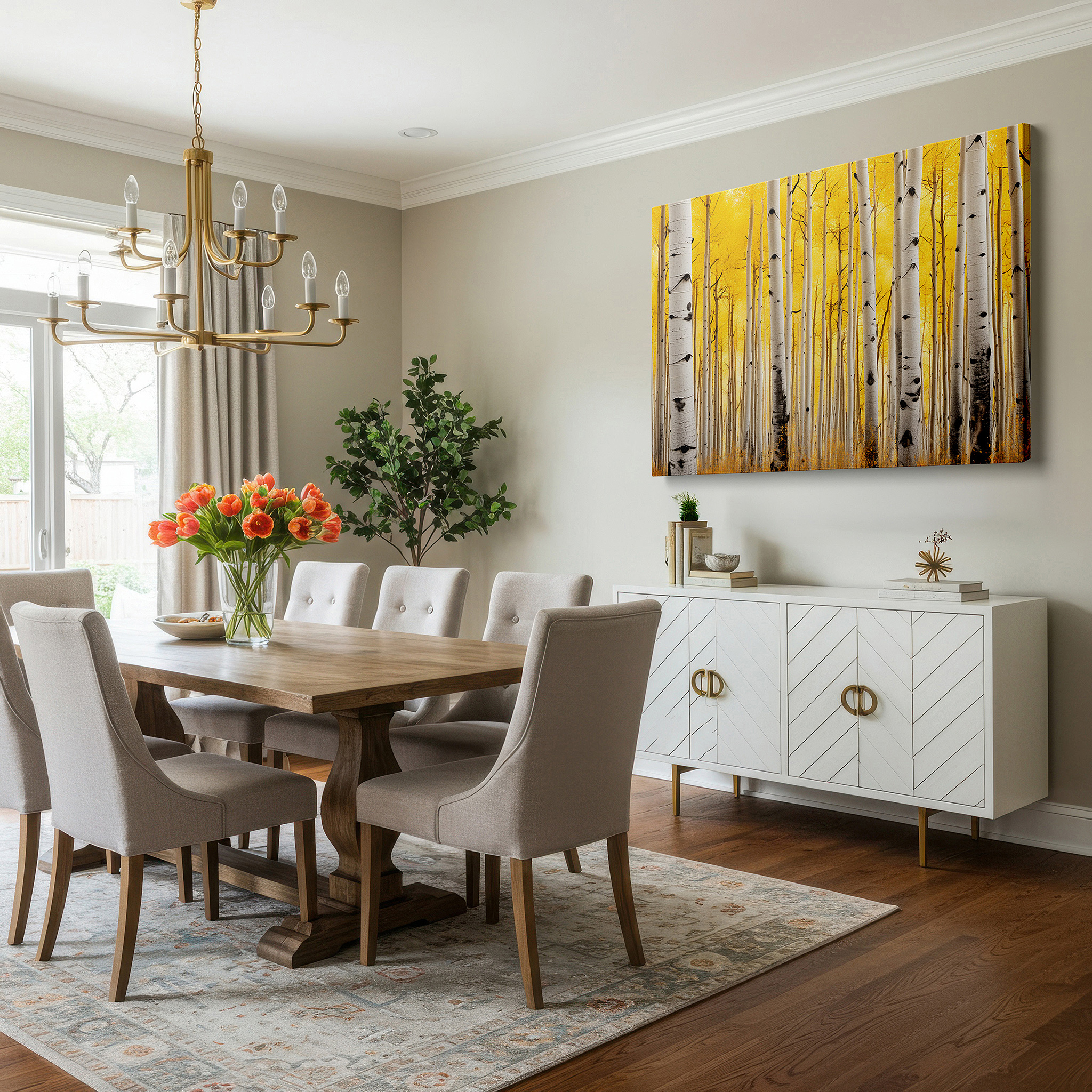 Presented on a clean white gallery wall with ample space — autumnal tranquility: aspen grove - vibrant and peaceful nature scene, large canvas wall art for home and office decor