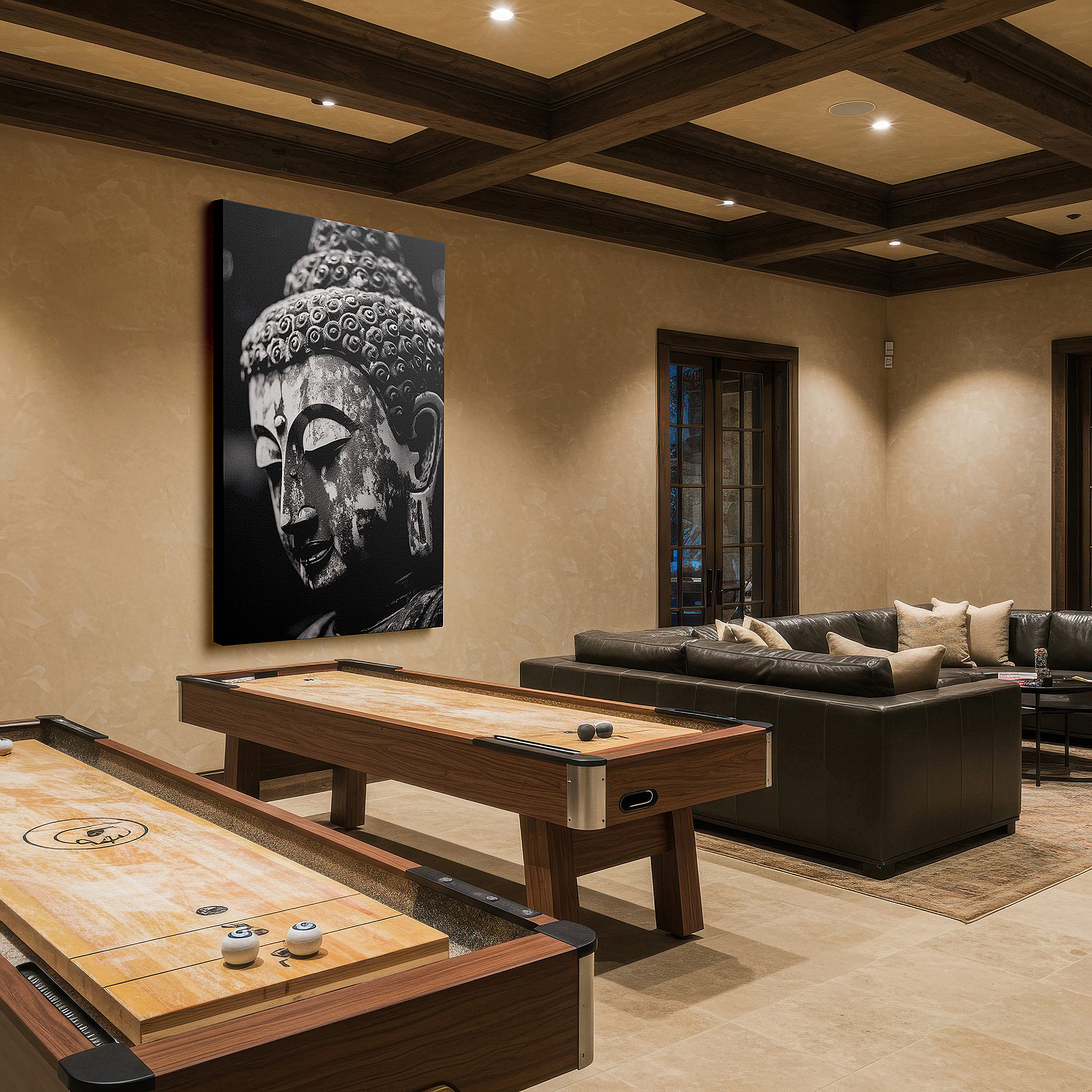 Presented on a clean white gallery wall with ample space — black and white buddha portrait wall art: explore spiritual depth and serene beauty with large canvas decor for home and office