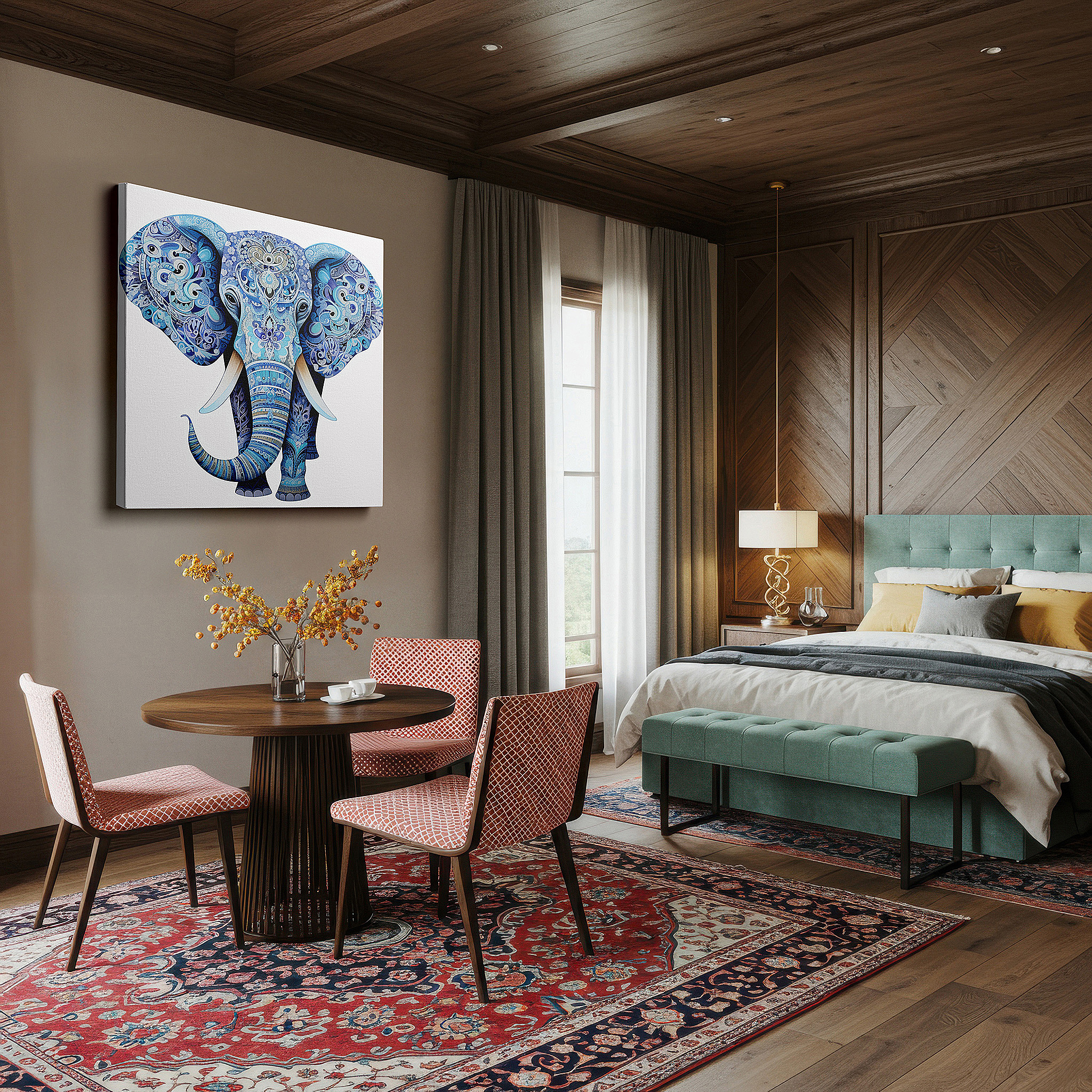 Presented on a clean white gallery wall with ample space — blue elephant wall art featuring geometric patterns: a symbol of peace and cultural richness - large canvas art for office and home decor