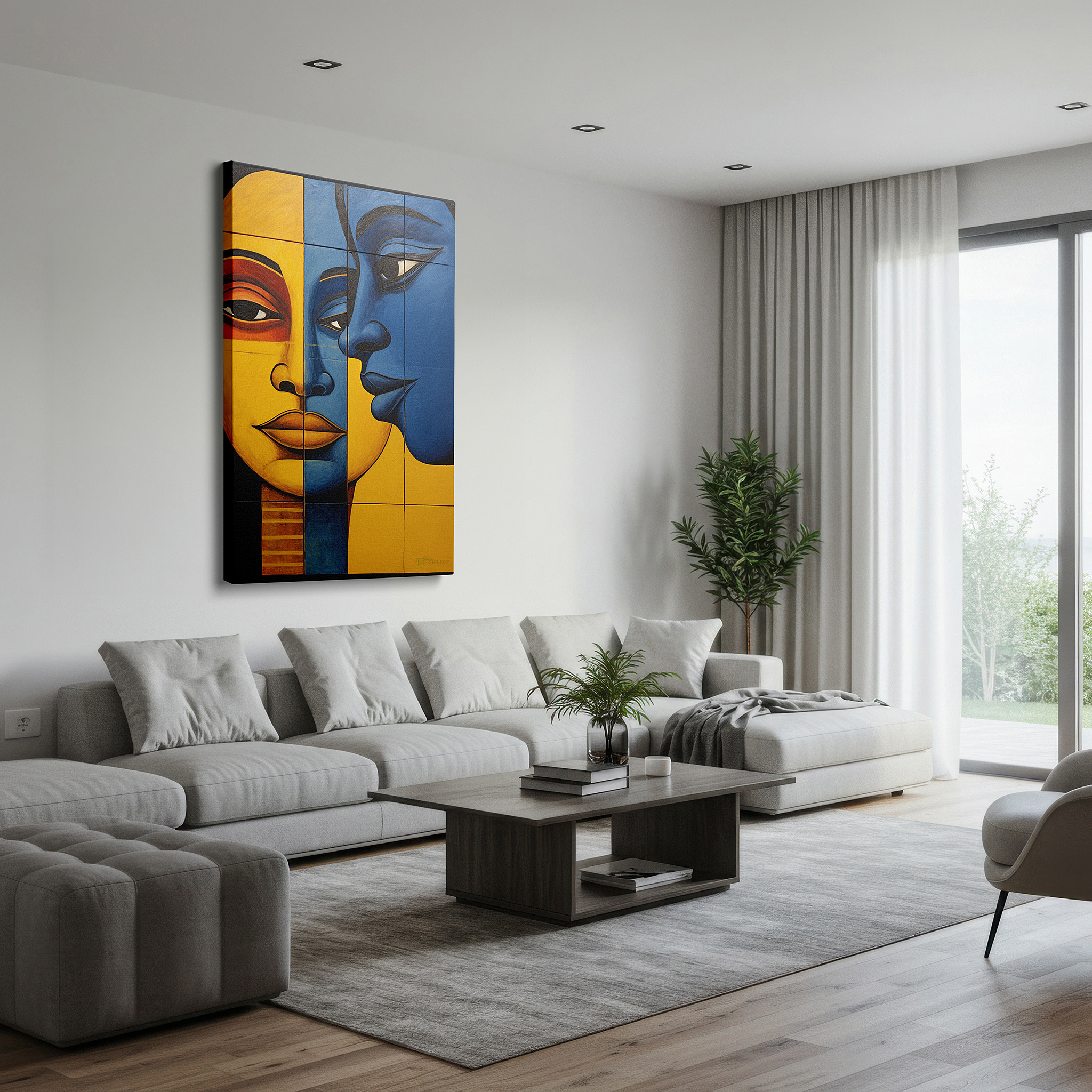 Presented on a clean white gallery wall with ample space — celebrating cultural unity with vibrant split-face design: large wall art for offices, bedrooms, and living spaces
