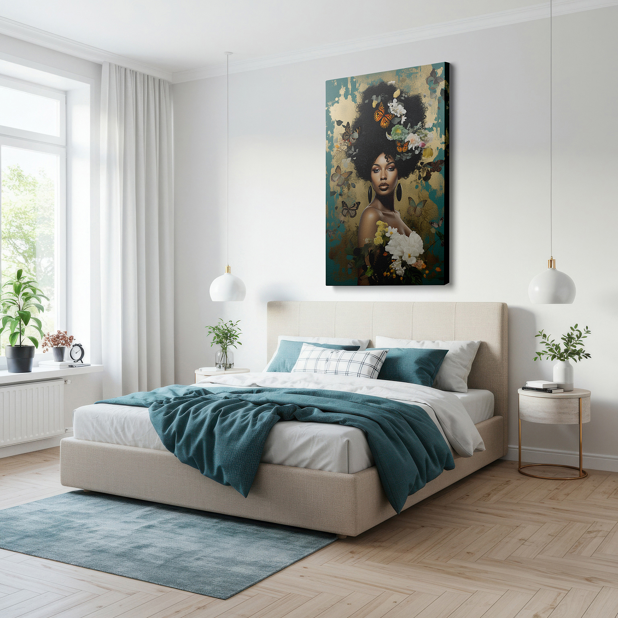 Presented on a clean white gallery wall with ample space — a celebration of change and the natural world: exploring the connection between humans and nature through large wall art, canvas wall art, and wall decor